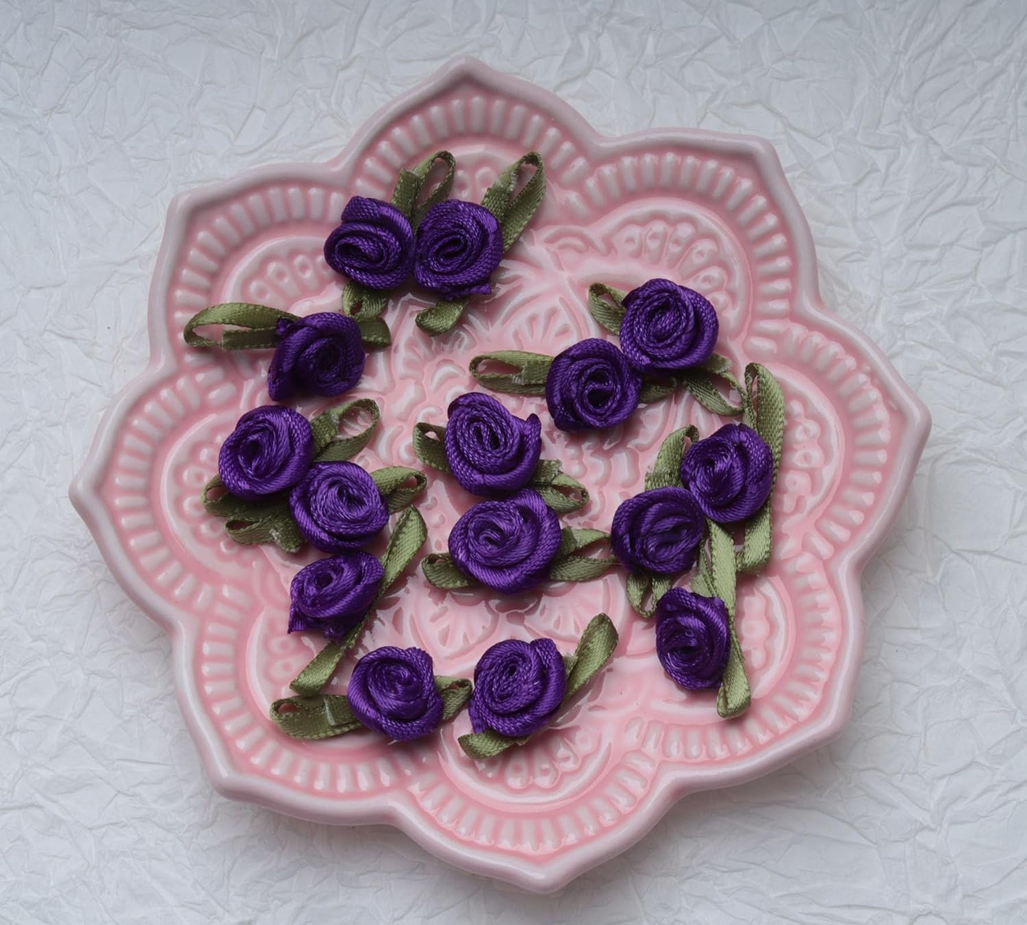 50 Pcs Satin Roses with Green Leaves Mini Cute Ribbon Bows Fabric Artificial Flo