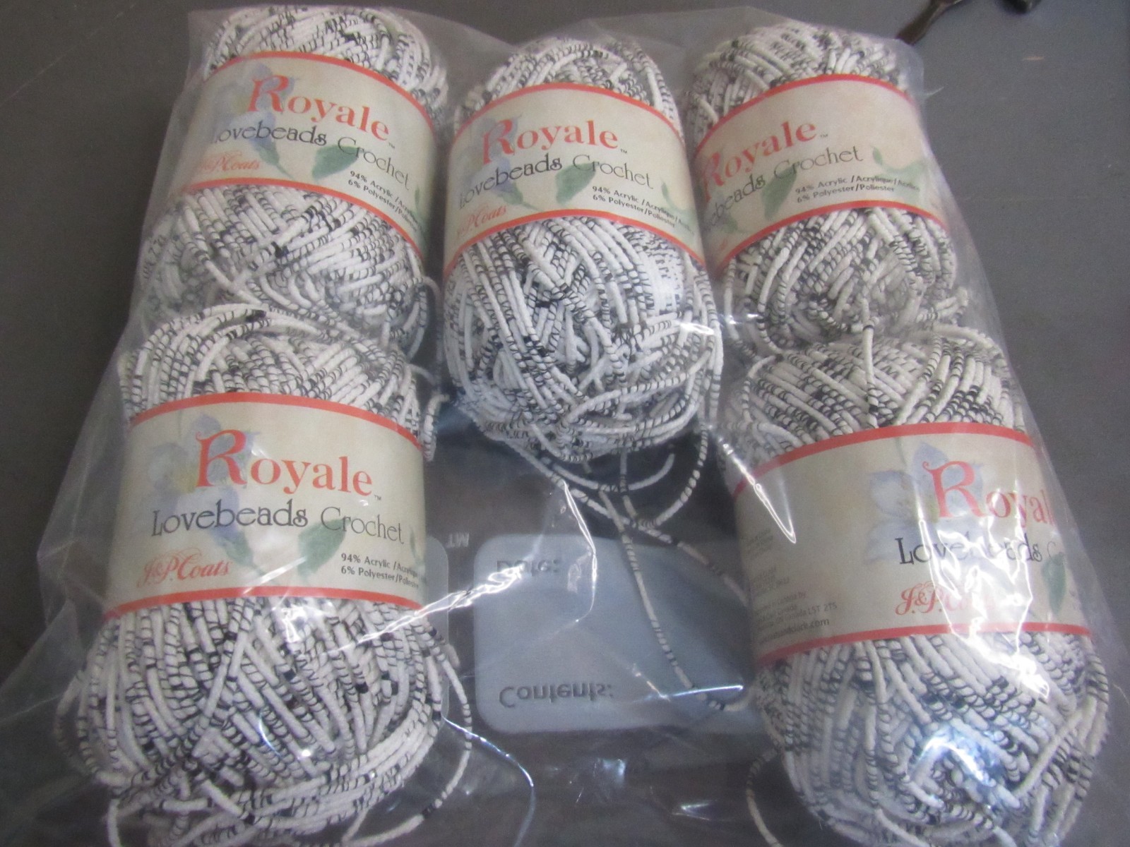 5 Skeins Royale Lovebeads Crochet Thread Ebony & Ivory