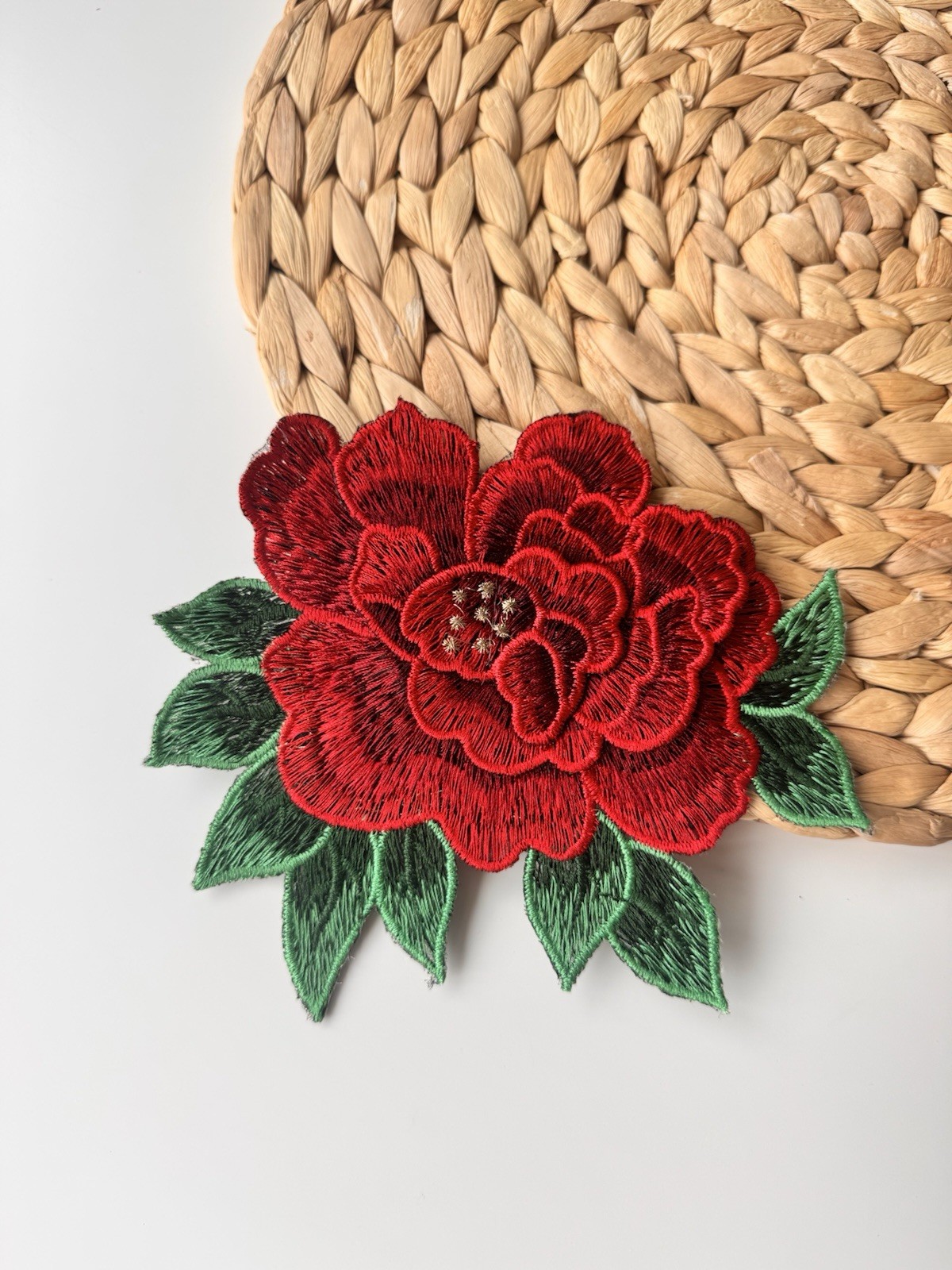 3D Red and Green Applique (1 Piece), Big Rose Glue on Patch Embroidered 6” X 5”