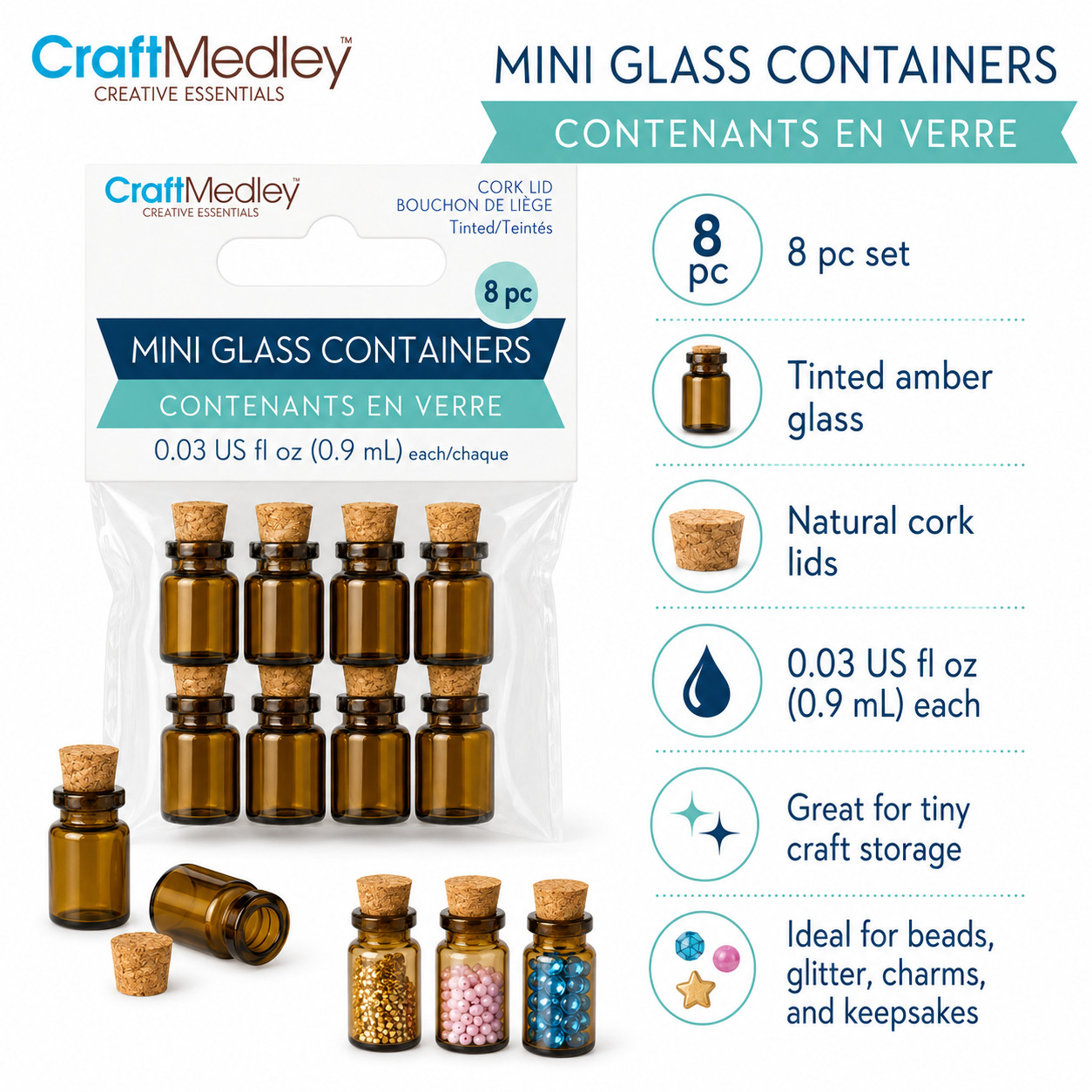 CraftMedley Amber Mini Glass Bottles with Cork Lids – 8 Pack, 0.9 mL