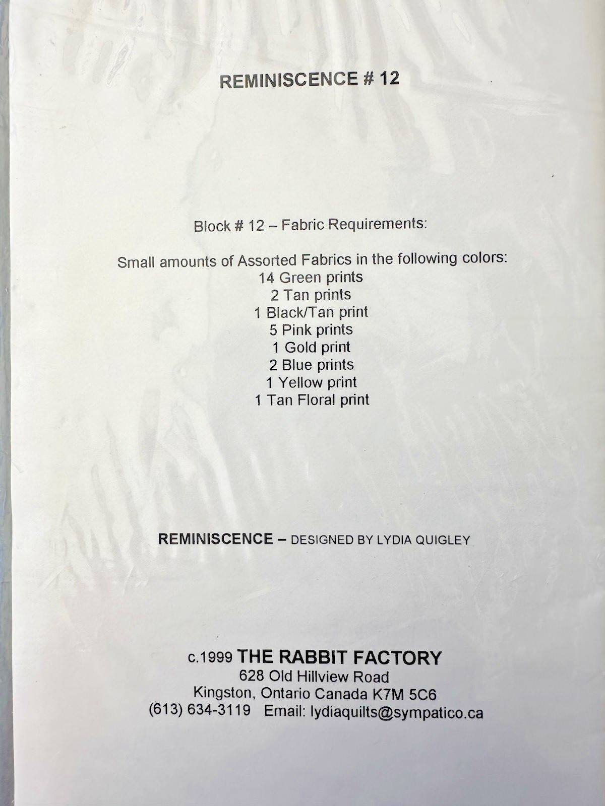 The Rabbit Factory Quilt Pattern Reminiscence Quilt of the Month 1-12 READ
