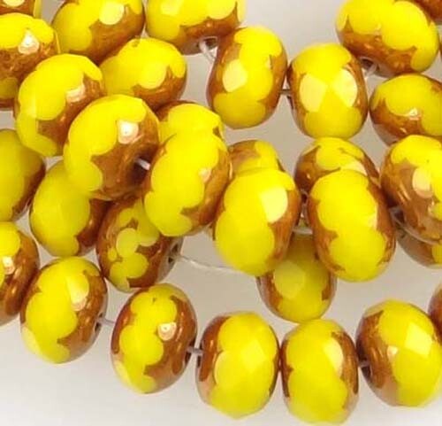 25 Czech Glass Gemstone Cut Faceted Rondelle Donut 7x5mm: Copper – Opaque Yellow
