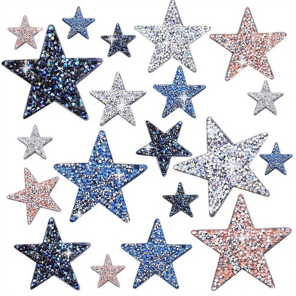 BOYIVI 20 Pieces Colorful Star Iron on Patches 8 cm x 3.15 inches, Blue