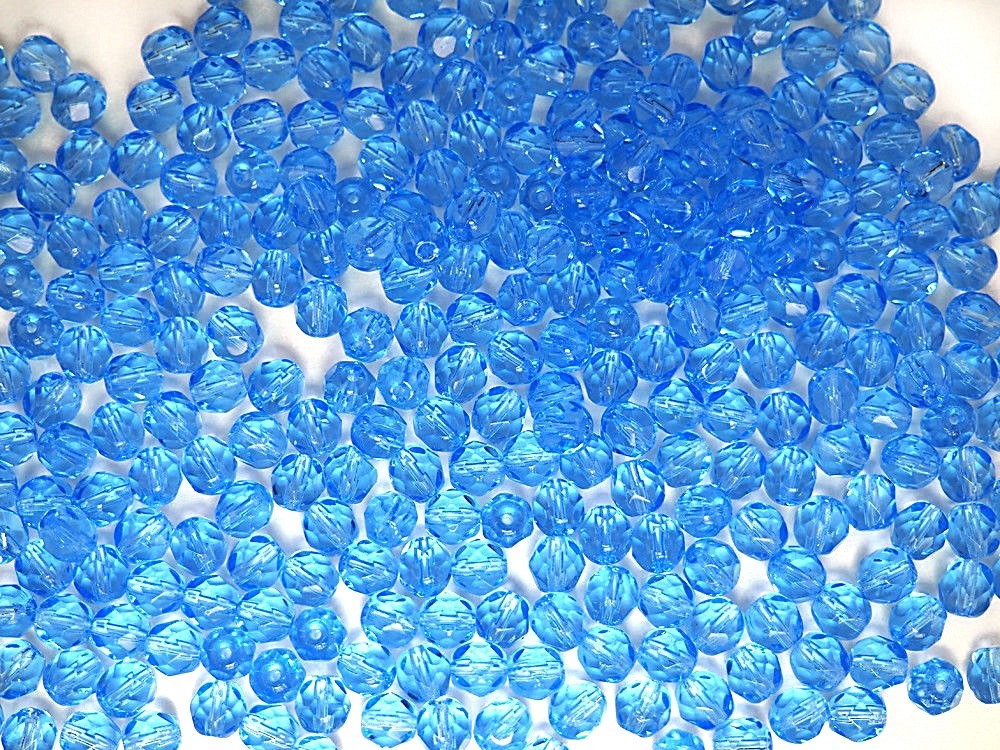 Czech Glass Fire Polished Round Faceted Beads in Light Sapphire 16” strand, blue