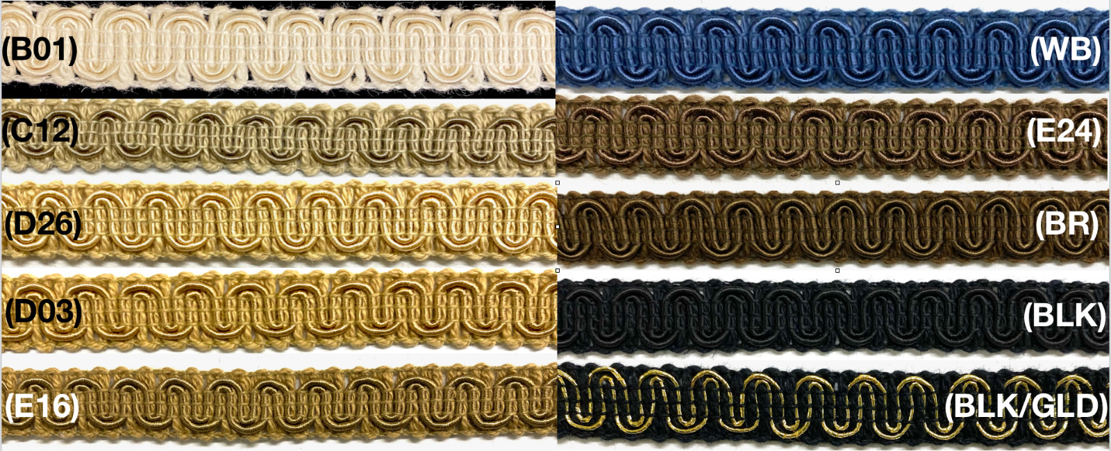 1/2″ Scroll Braid Gimp w/ Backing – 12 Continuous Yards – Many Color Options!