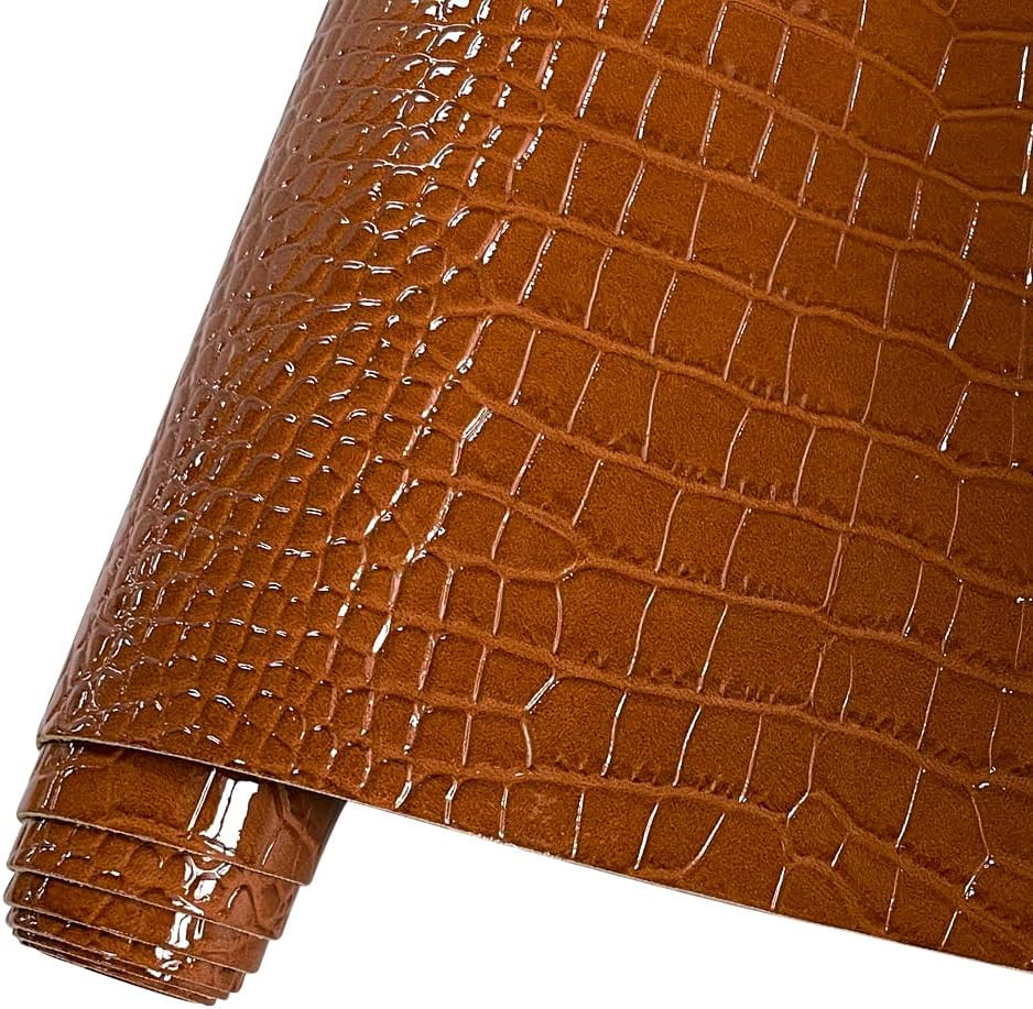Brown Glossy Embossed Crocodile Texture PU Faux Leather Roll 11.8 “X 53” Very Su