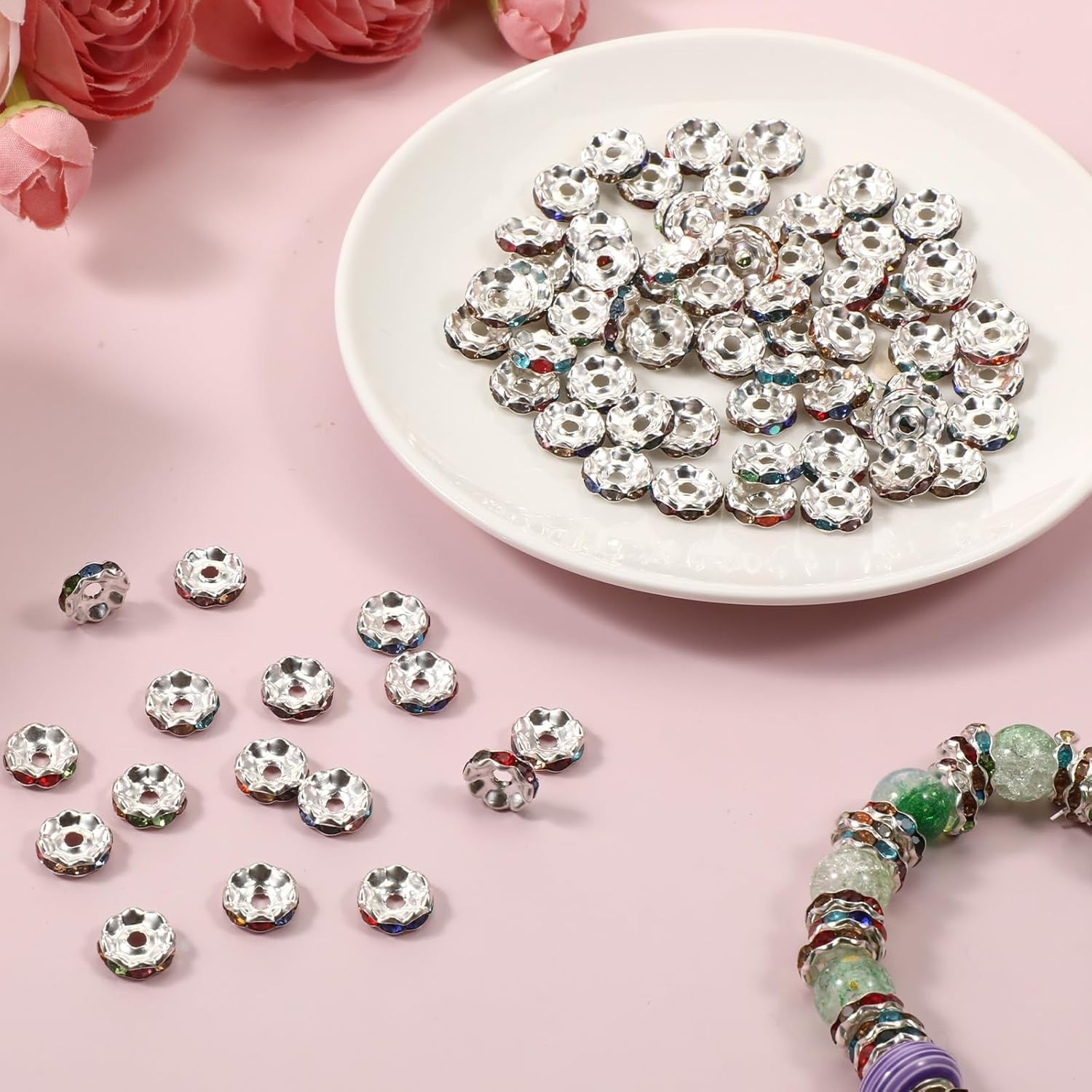 100 Pcs Rhinestone Spacer Beads, 10mm Large Hole Beads for Jewelry Making Multic