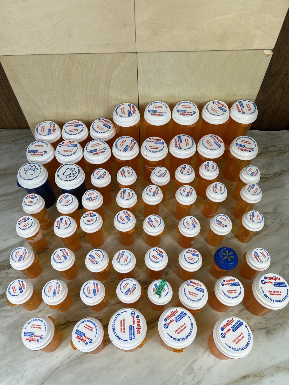 Lot Of 61 Empty medicine Bottles All amber Minus 2 Blue, Various Sizes