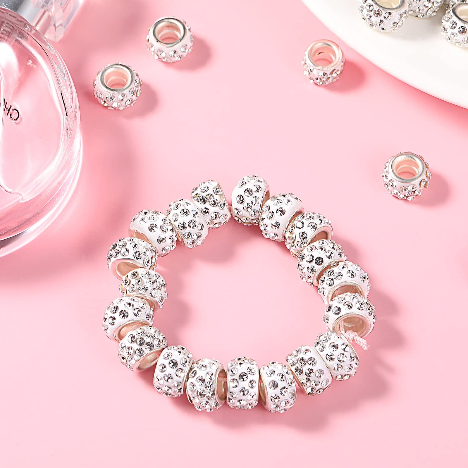 60 Pcs Rhinestone European Beads 12 mm Large Hole Charm Spacer Bead Large Hole C