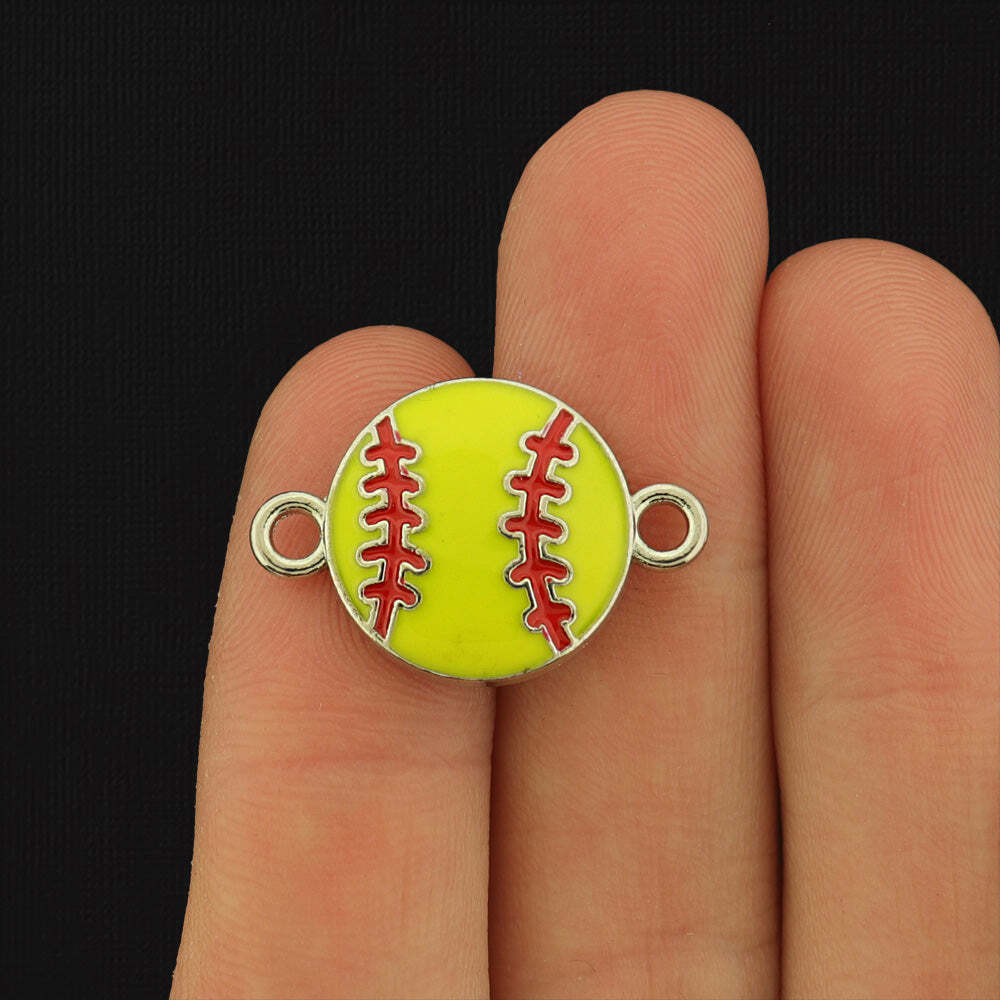 2 Softball Silver Tone Enamel Connector Charms – E582
