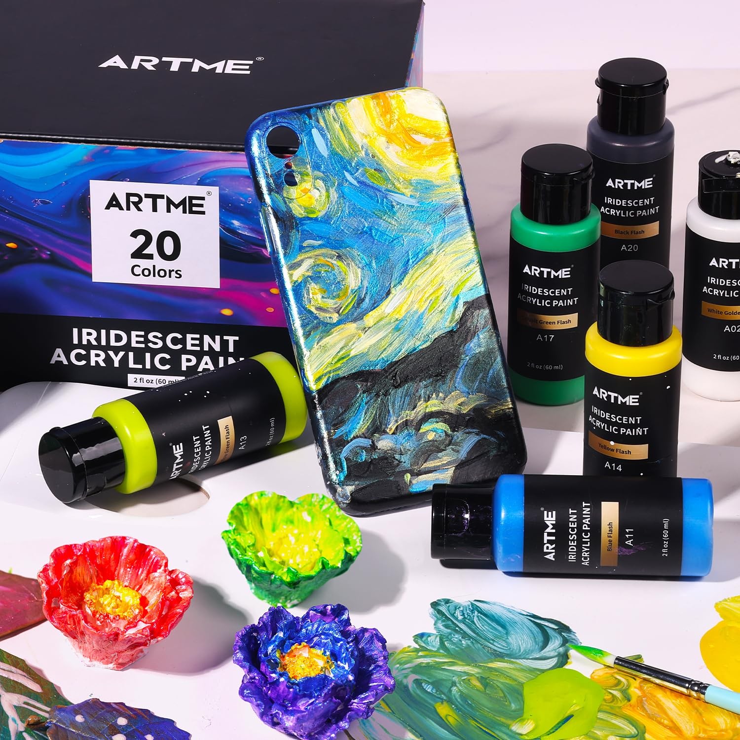 Iridescent Acrylic Paint Set 20 Chameleon Colors In 2 Oz/60ml Bottles Colorshift