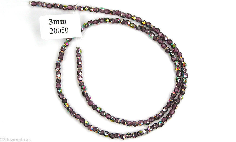 Czech Fire Polished Round Faceted Glass Beads in Amethyst Vitrail coated, 16″