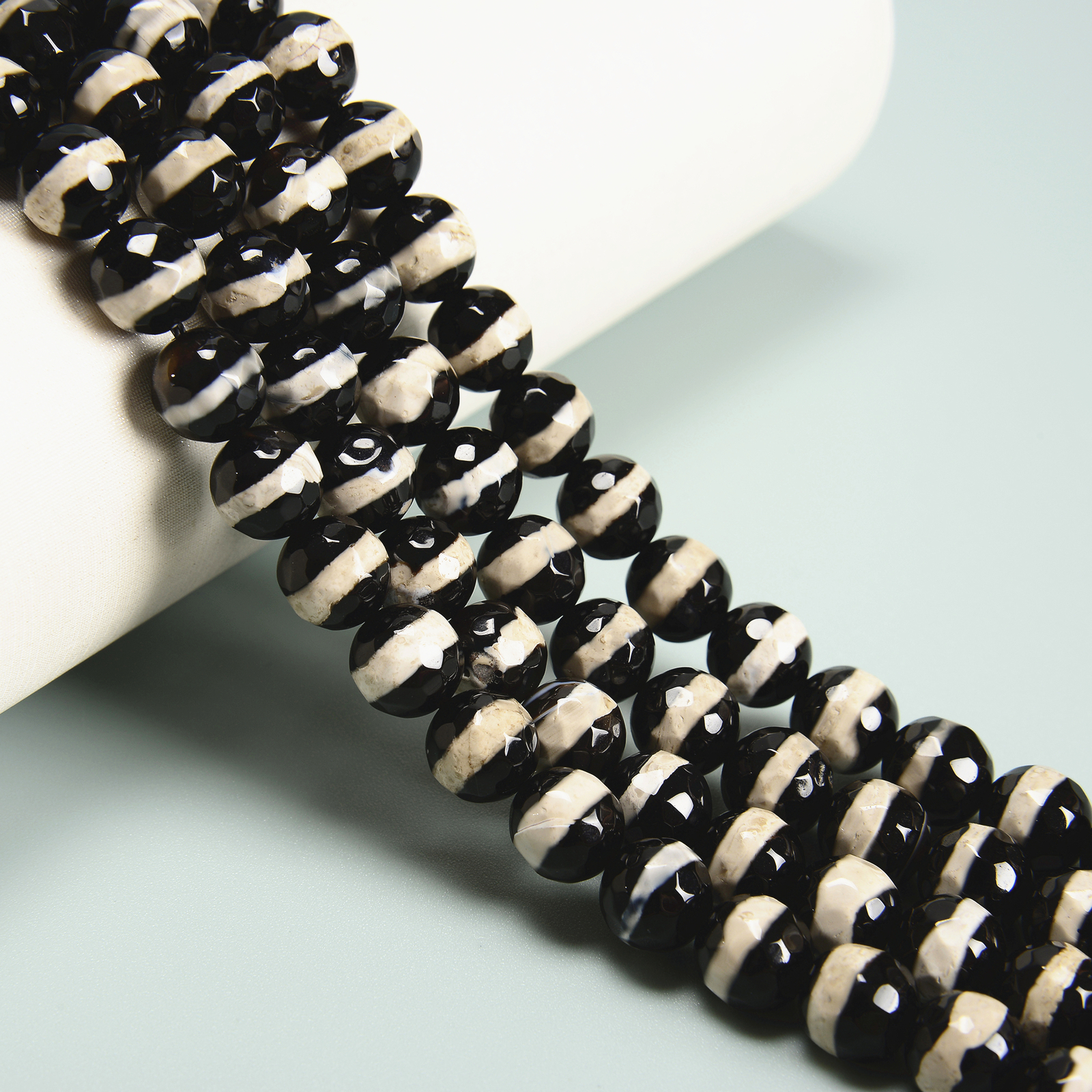 Black & White Stripe Tibetan Agate Faceted Round Beads 6mm to 12mm 15.5″ Strd