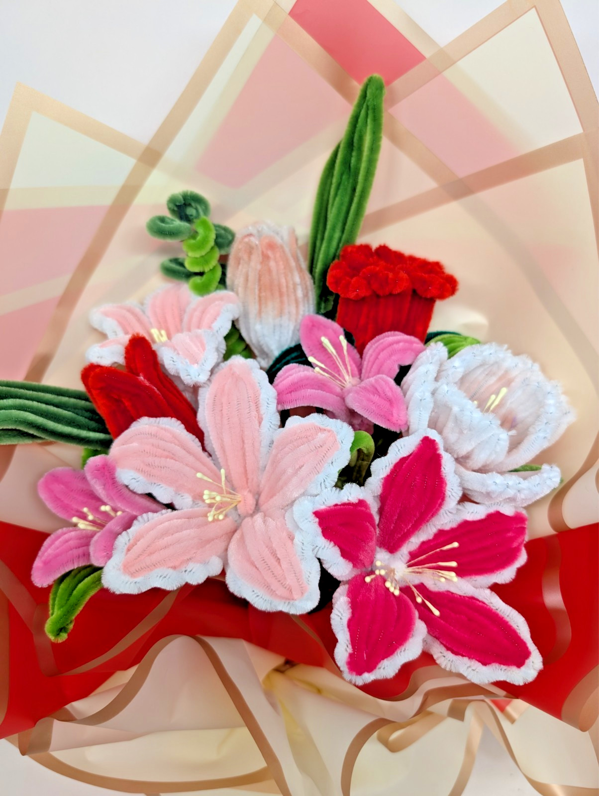 Handmade Lily pipe cleaner Flower Bundle Bouquet, Red, Pink and White Color