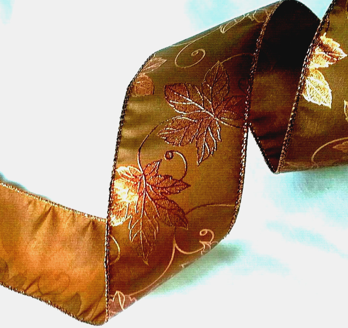 Fall Copper Metallic Leaves 2.5″ by 5 yd Wired Ribbon Satin Kirkland Elegance