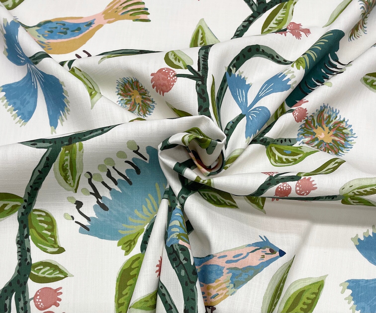 BALLARD DESIGNS LYLE GREEN BLUE LUSH LEAVES VINE SONGBIRDS FABRIC BY YARD 54″W