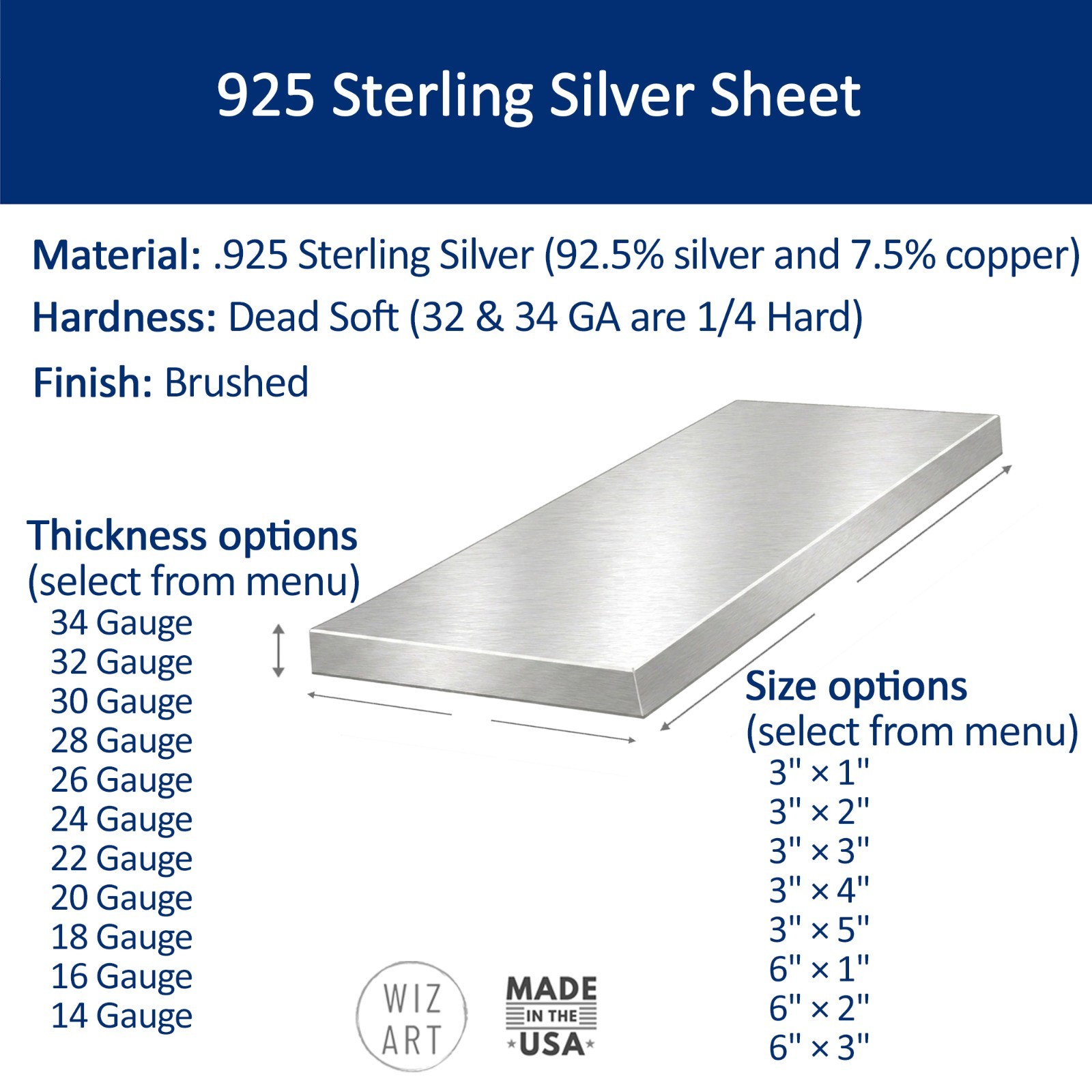 925 Sterling Silver Sheet (57 size variations) for Jewelry Making, Made in USA