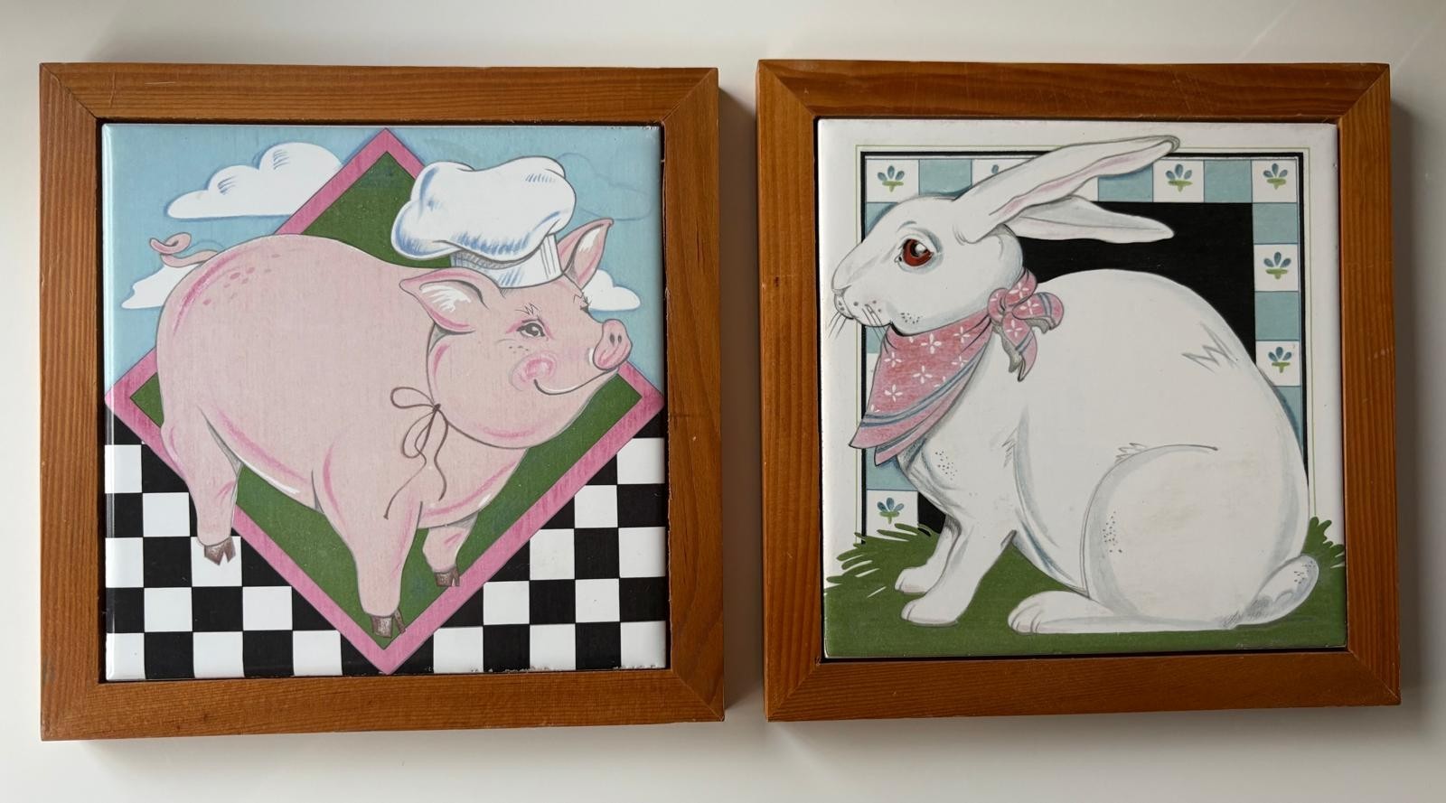 Set of small vintage 1981 framed tile wall hangers. Details In Description