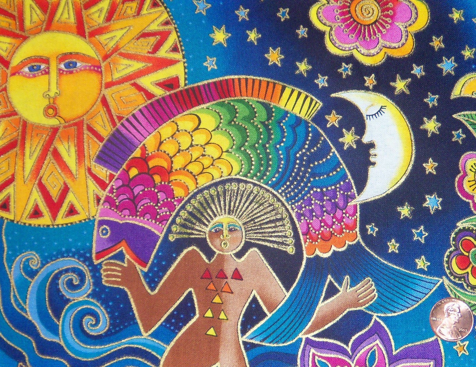 Pretty ~Celestial Dreams~ Laurel Burch Lt Blu Fabric Suns Moons less than 1/2 YD