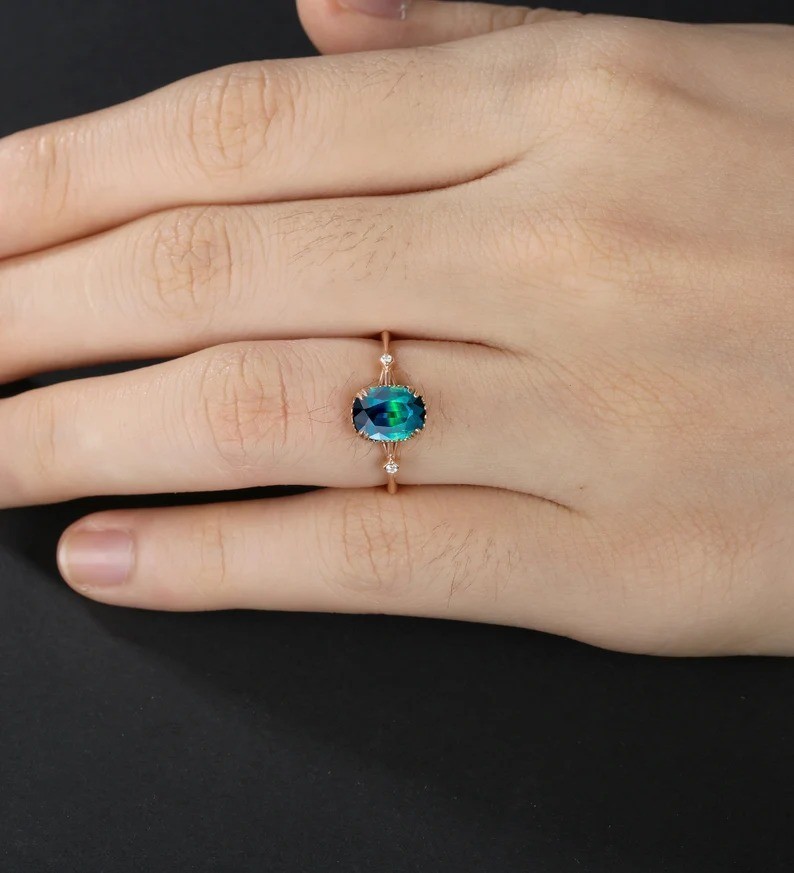 Blue green sapphire engagement ring, Oval peacock sapphire halo diamond ring