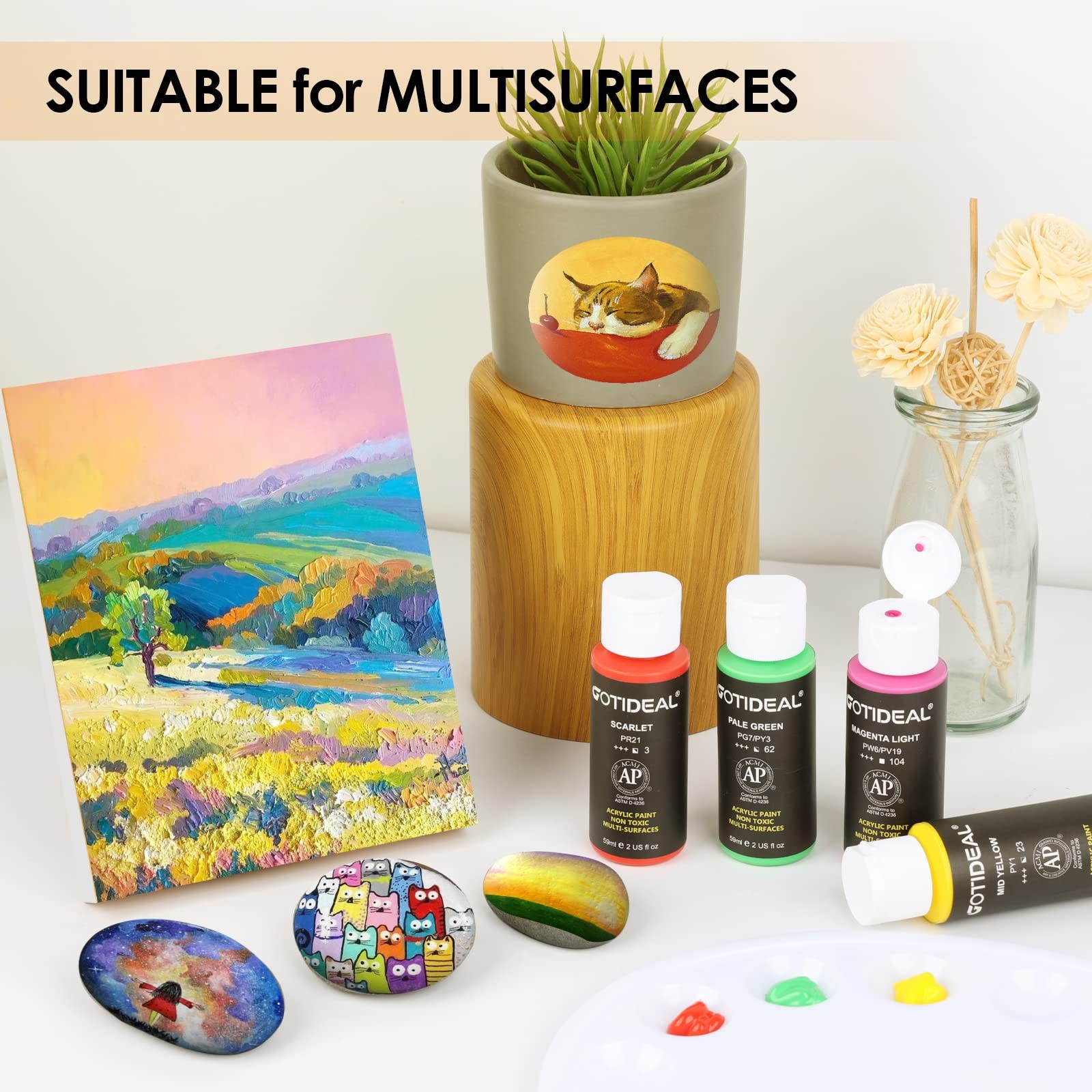 GOTIDEAL Acrylic Paint Set with 10 Brushes, 2 Fl Oz (Pack of 18), 18 Colors