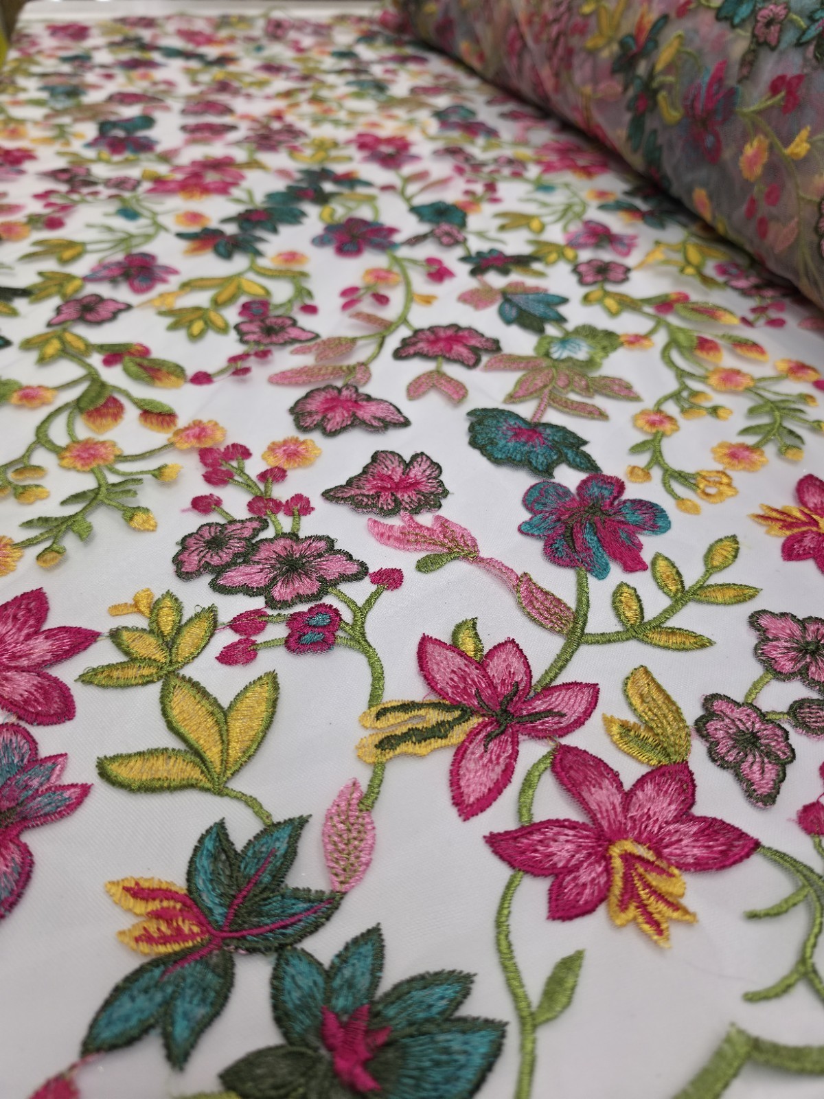 Fabric By The Yard Multicolor Lace Pink Fuchsia Embroidery Flowers On White Mesh