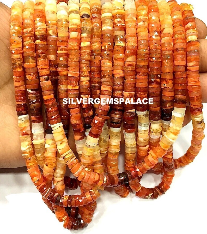 Natural Fire Opal Faceted Tyre Beads Mexican Fire Gemstone Beads 6-7.MM Beads.