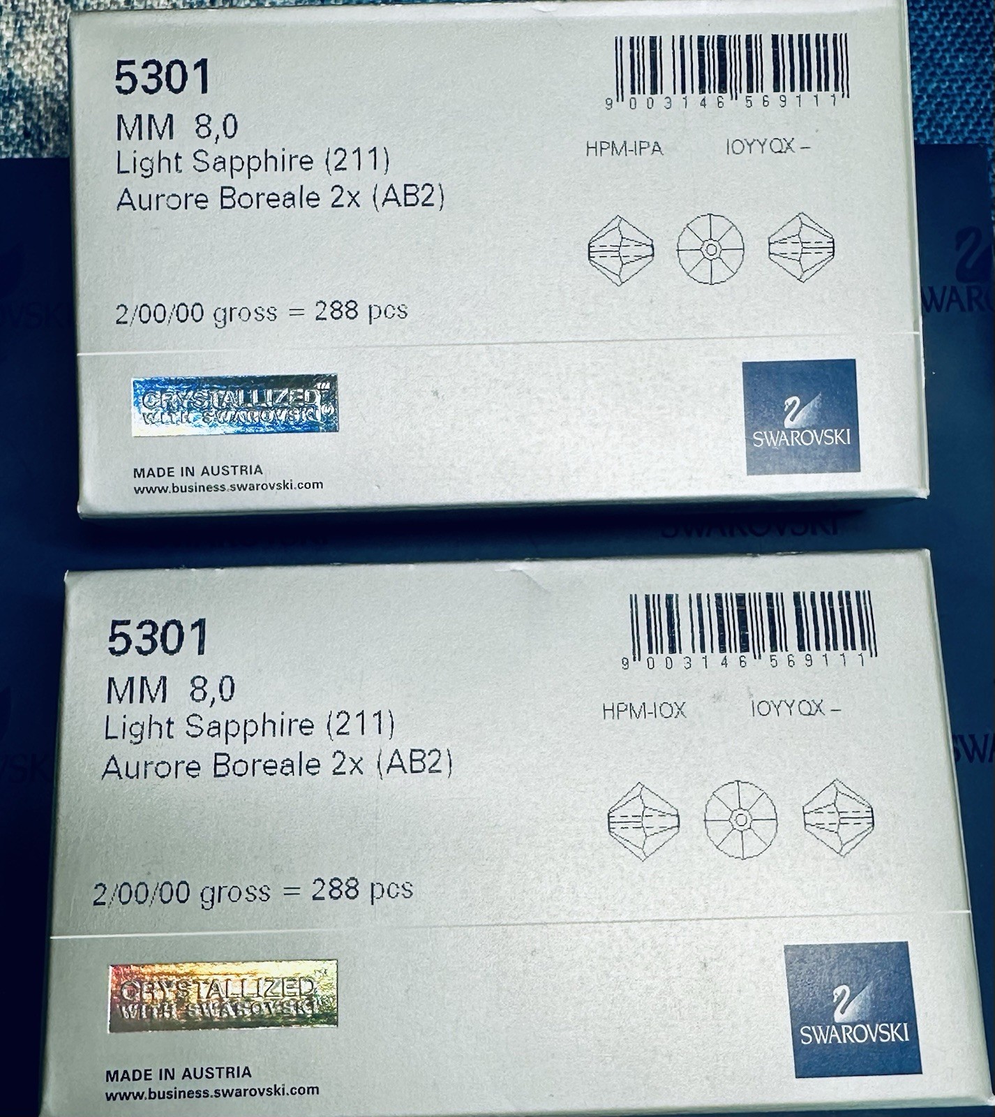 Swarovski 5328 8mm Light Sapphire AB 2X Austrian Beads 288 pcs Sealed packs.