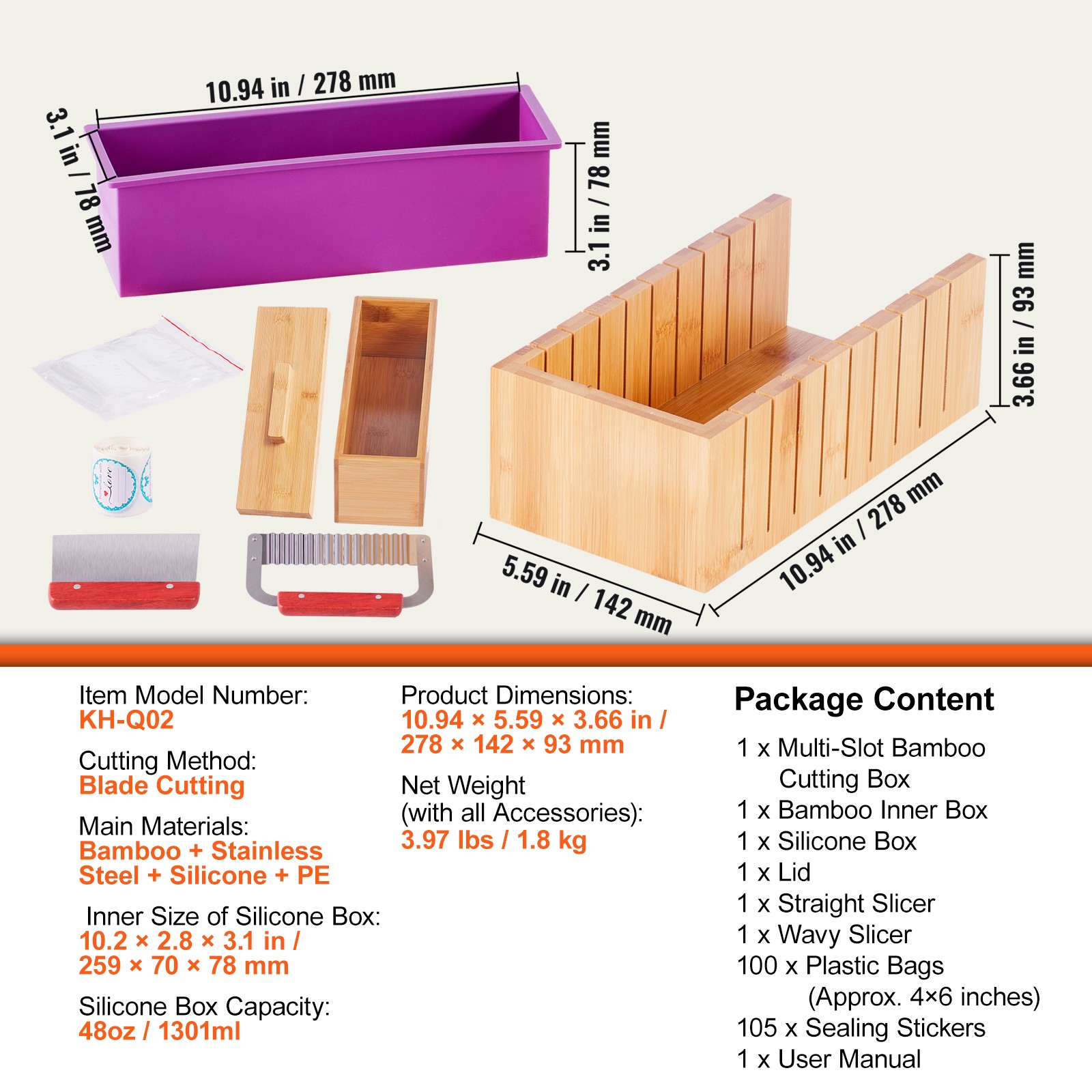 VEVOR Soap Making Kit Bamboo Cutting Box Silicone Mold Stainless Steel Cutters