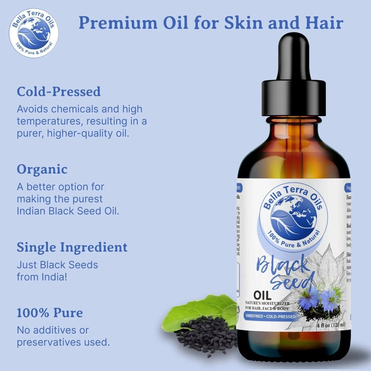 Organic Cold-Pressed Black Seed Oil Raw Unrefined 100% Pure Skin Hair Nails