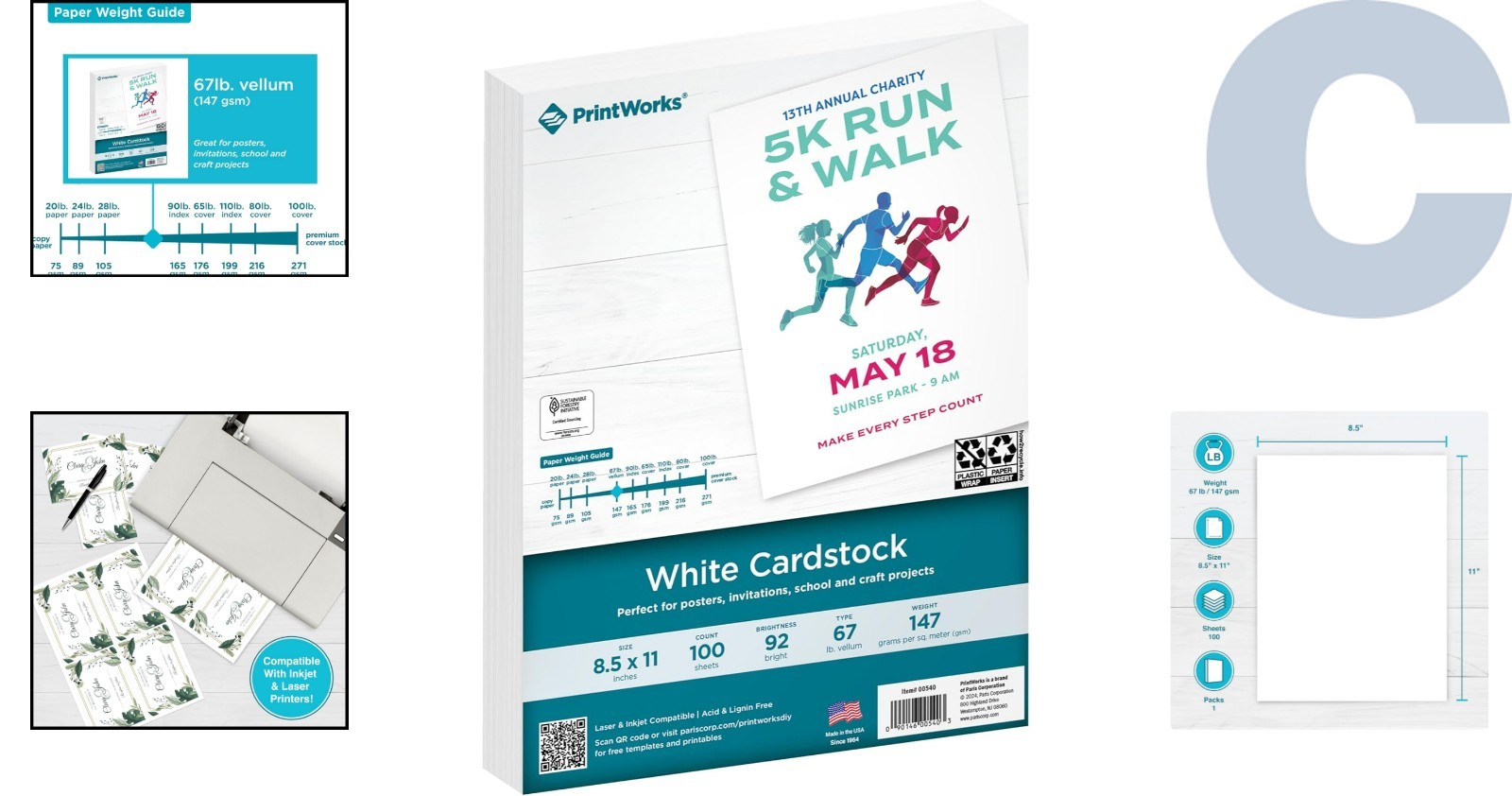 67 lb White Cardstock 8.5×11 – 100 Sheets, SFI Certified for Eco-Friendly Use