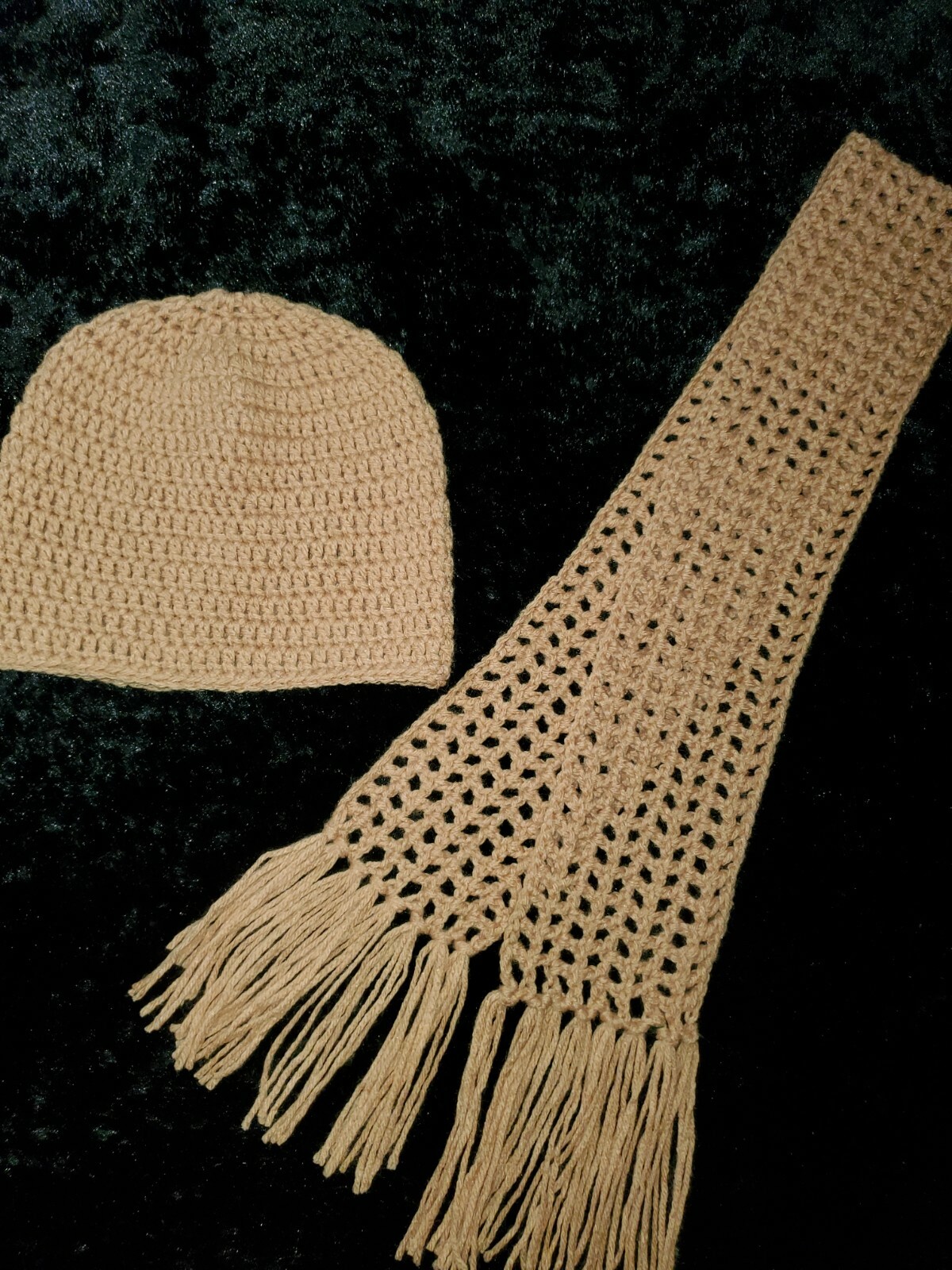 Adult Unisex Handmade Crochet Hat Beanie and Scarf Set Tan Color