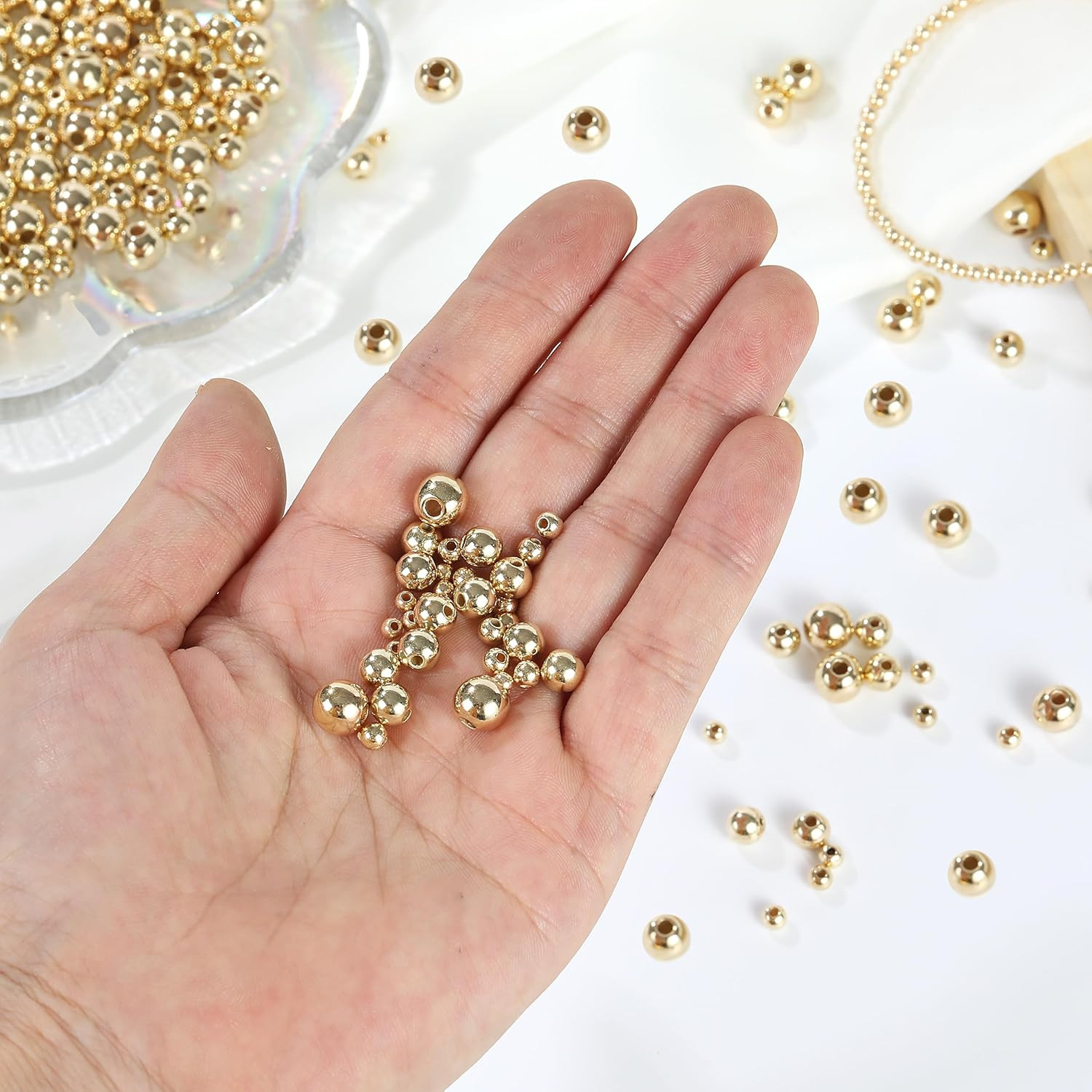 1100 Pcs Smooth Round Beads – 3/4/6/8mm Gold Spacer Loose Ball Bead Kits for Bra