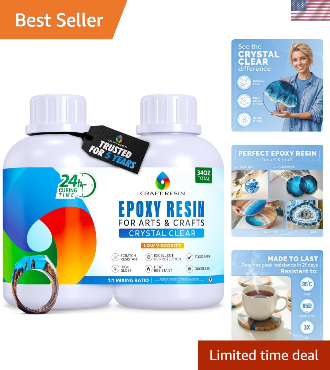 34 Oz Crystal Clear Epoxy Resin Kit – Food Safe & UV Resistant for Artistry