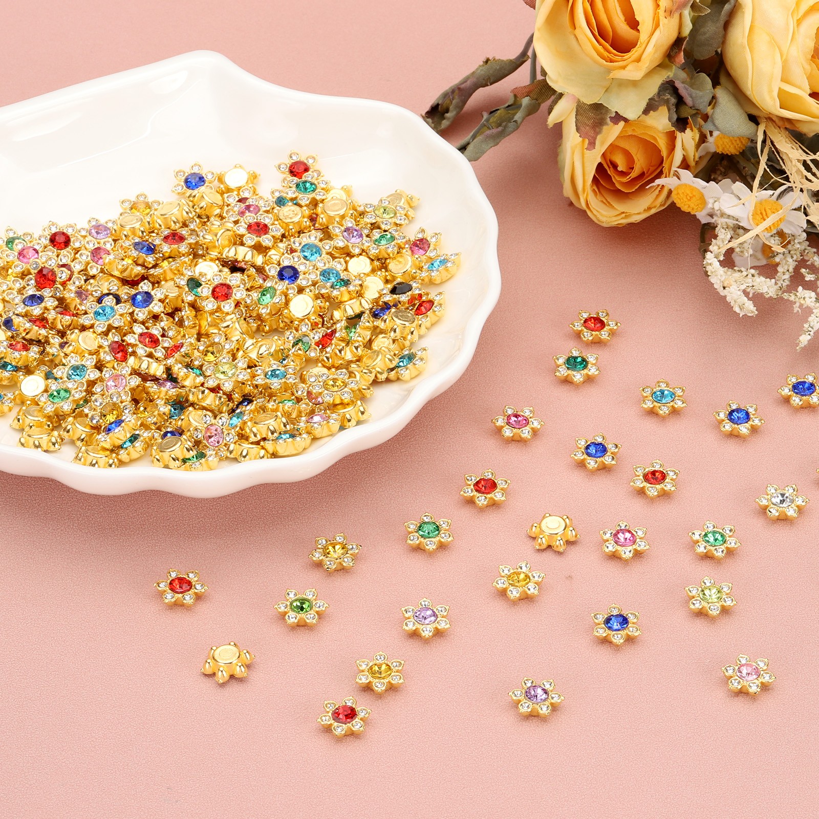 200 Pcs 13mm Flatback Flower Crystal Rhinestone Embellishments, Crystal AB