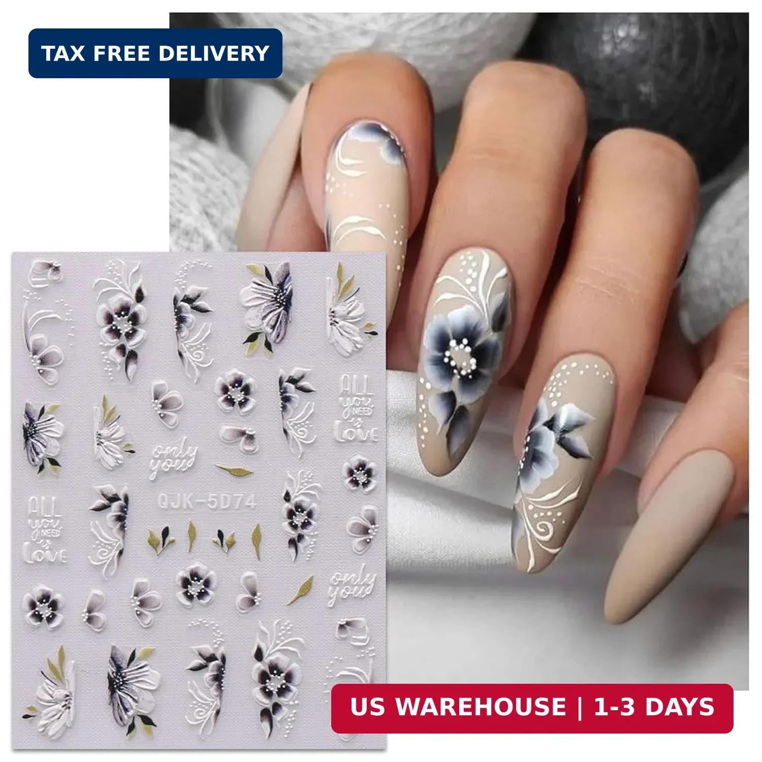 6 Sheets 3D Embossed Spring Flower Nail Art Stickers Decals Self-Adhesive Pegati