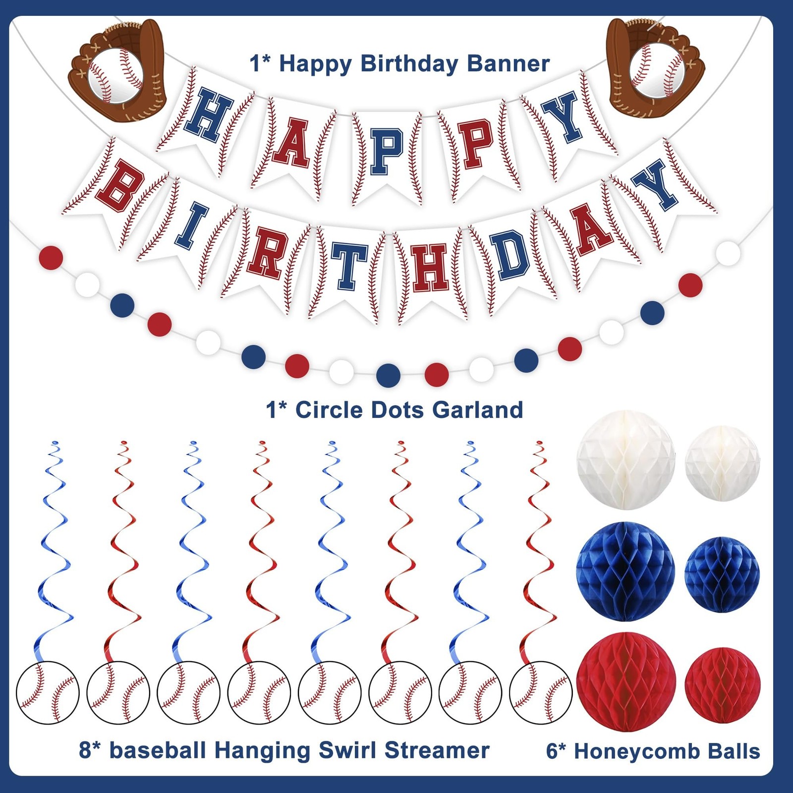 Baseball Party Decorations Happy Birthday Banner Baseballs Honeycomb Balls Ha…