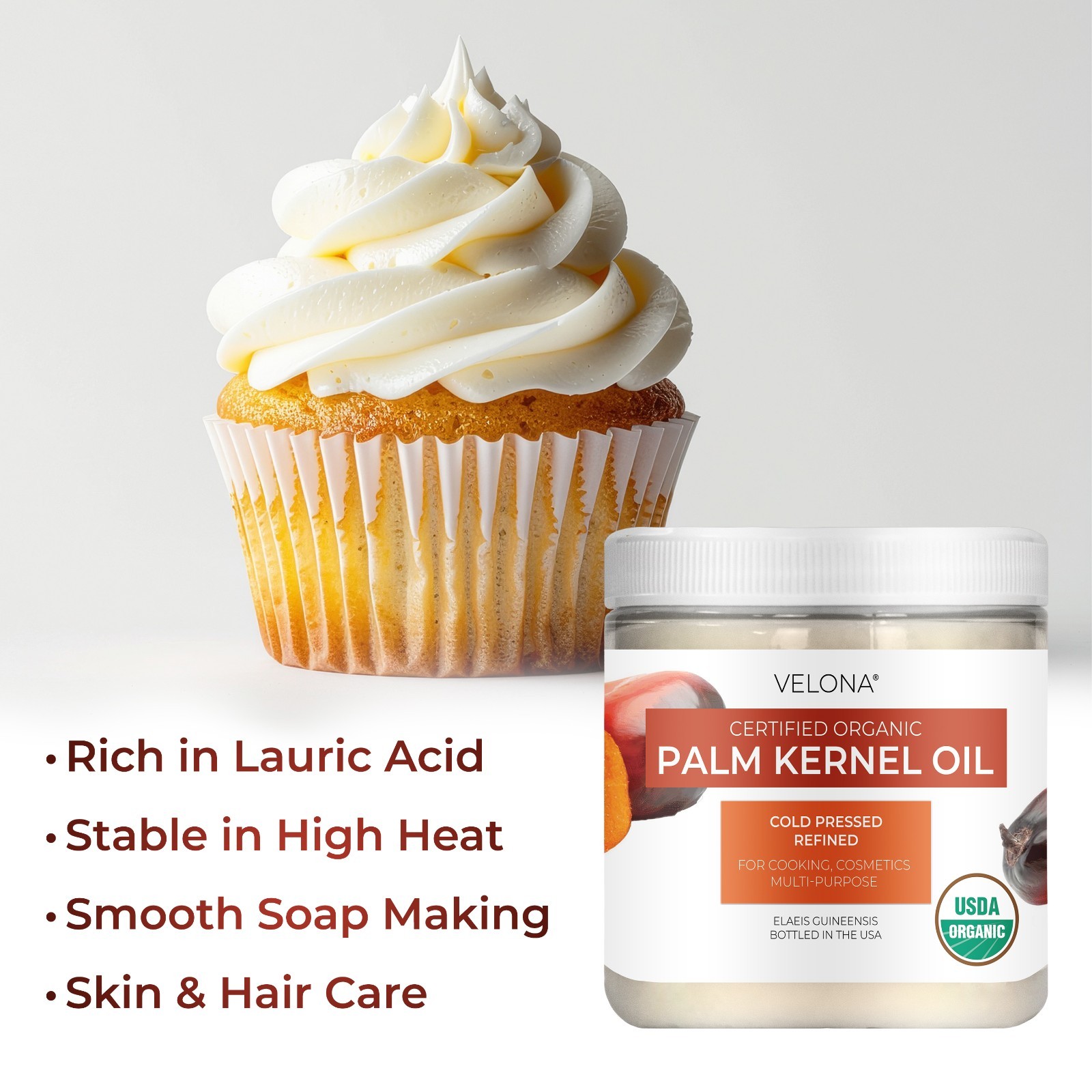 Velona USDA Certified Organic Palm Kernel Oil 16 oz Refined, Cold Pressed | Face