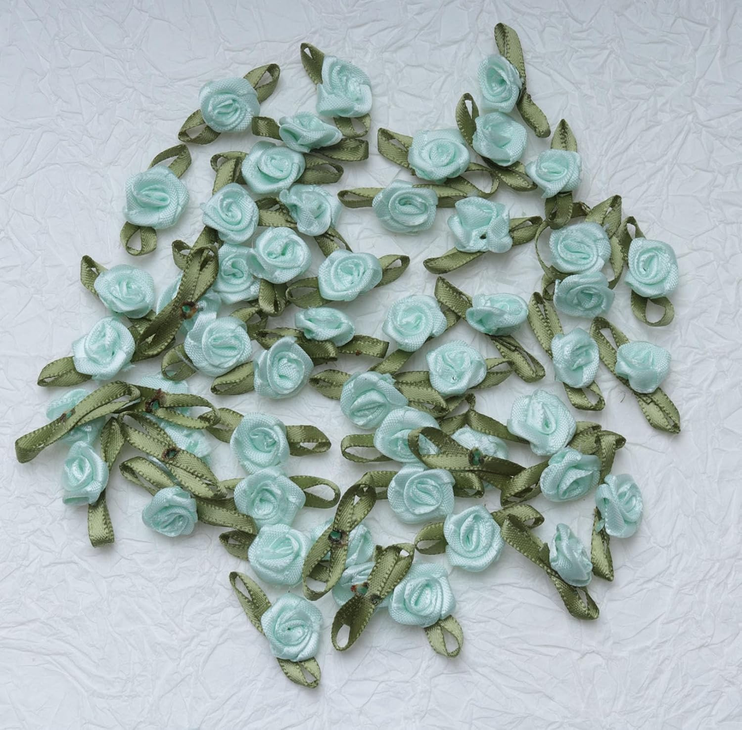 50 Pcs Satin Roses with Green Leaves Mini Cute Ribbon Bows Fabric Artificial Flo