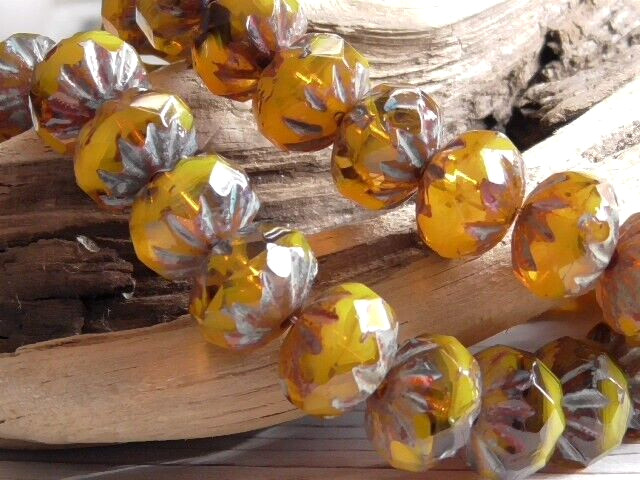 15 – 10x7mm CZECH YELLOW OPALINE BUTTERSCOTCH PICASSO FACETED CRULLER GLASS BEAD