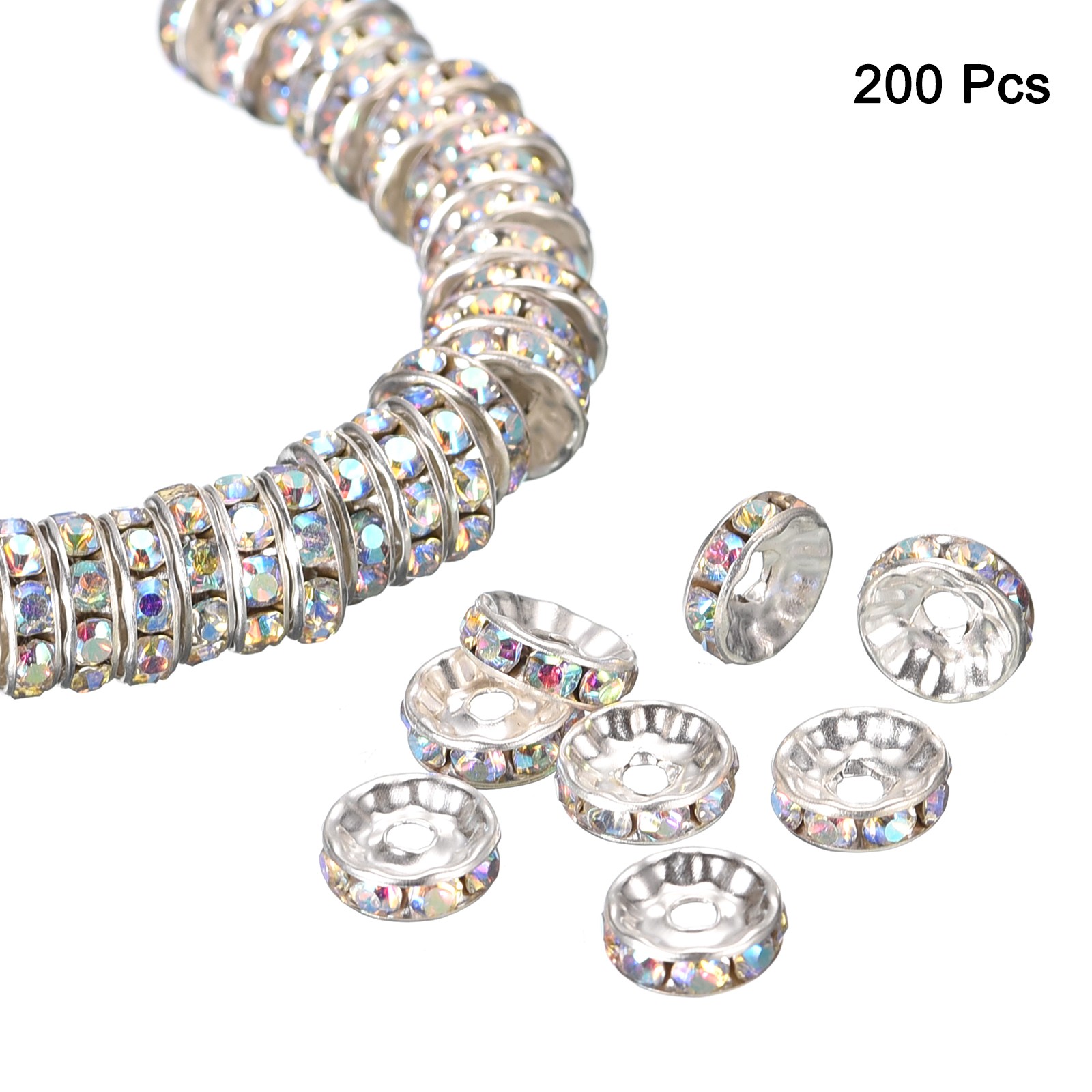 200Pcs 10mm Rondelle Spacer Beads, Silver Plated for DIY Bracelet, AB White