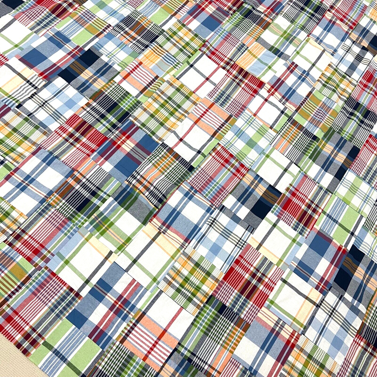 Handmade Navy Madras Plaid Scrappy Cotton Patchwork Queen Size quilt top/topper
