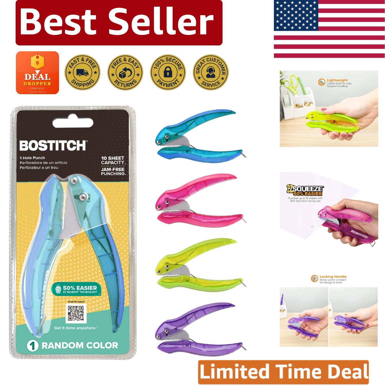 Bostitch Office inLIGHT Ergonomic One-Hole Punch – 10 Sheets, Assorted Colors