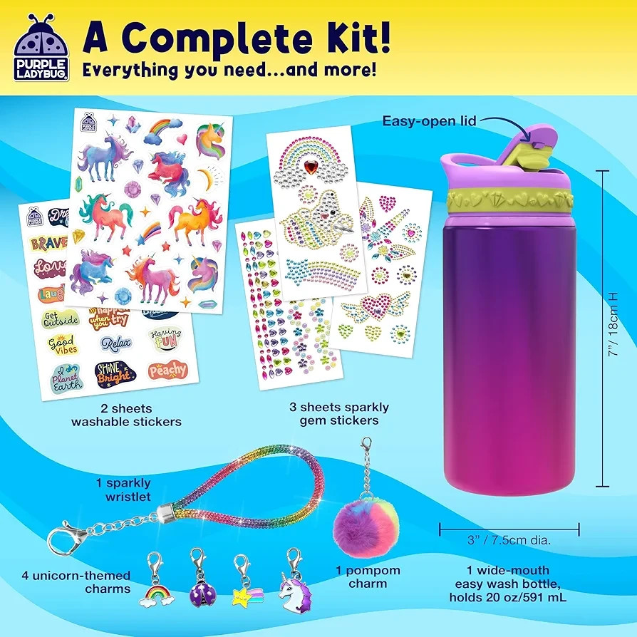 Purple Ladybug DIY Unicorn Water Bottle Kit – Girls Craft Gift Ages 5-10