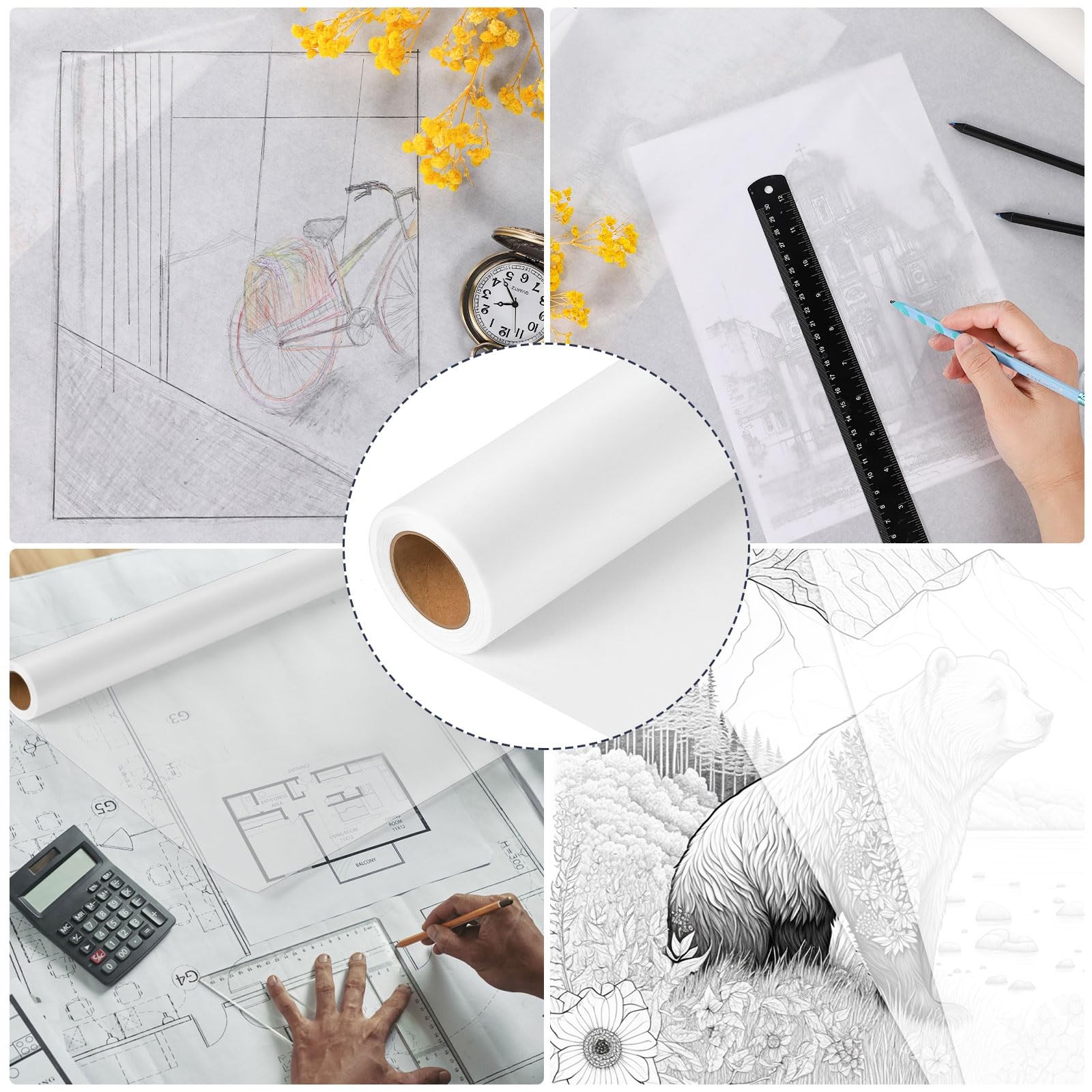 24 in x 30 yd White Tracing Paper Roll Translucent Pattern Paper for Sewing