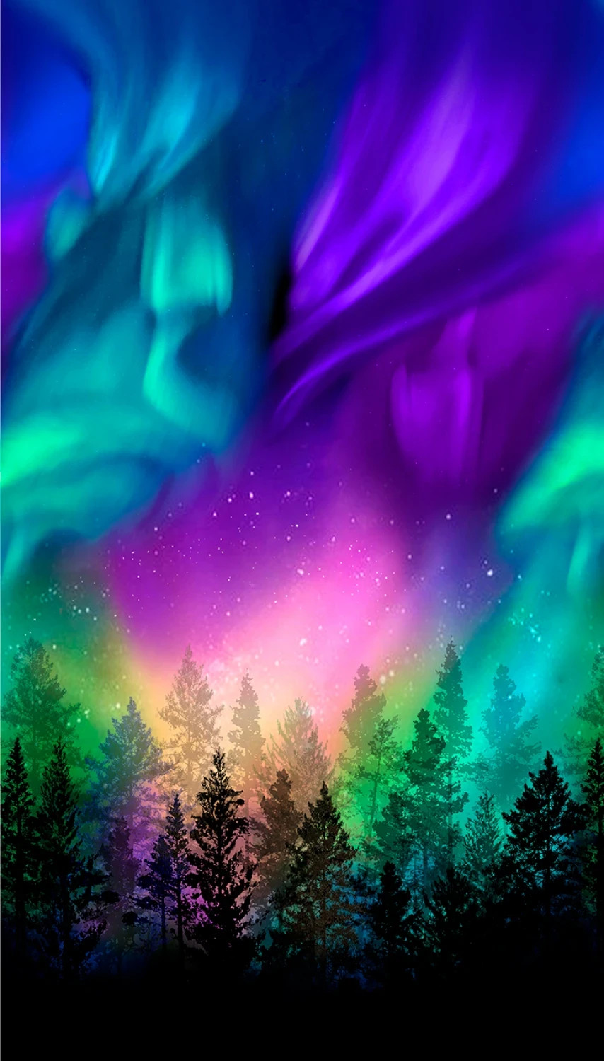 Aurora Borealis Forest ~ Northern Lights Fabric Quilt Panel ~24″
