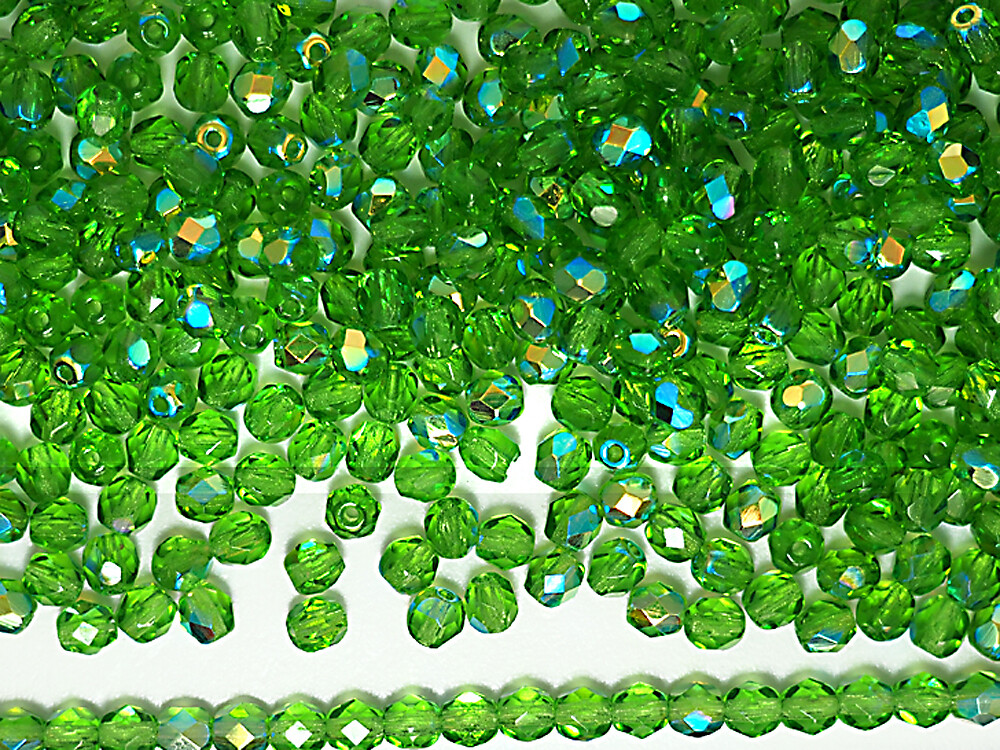 Czech Fire Polished Round Faceted Beads in Peridot AB coated 16″ strand green AB