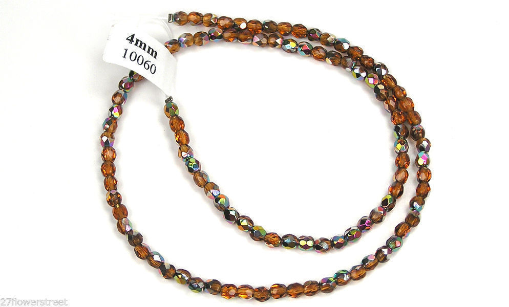 Czech Fire Polished Round Faceted Beads in Topaz Vitrail coated 16″ strand brown