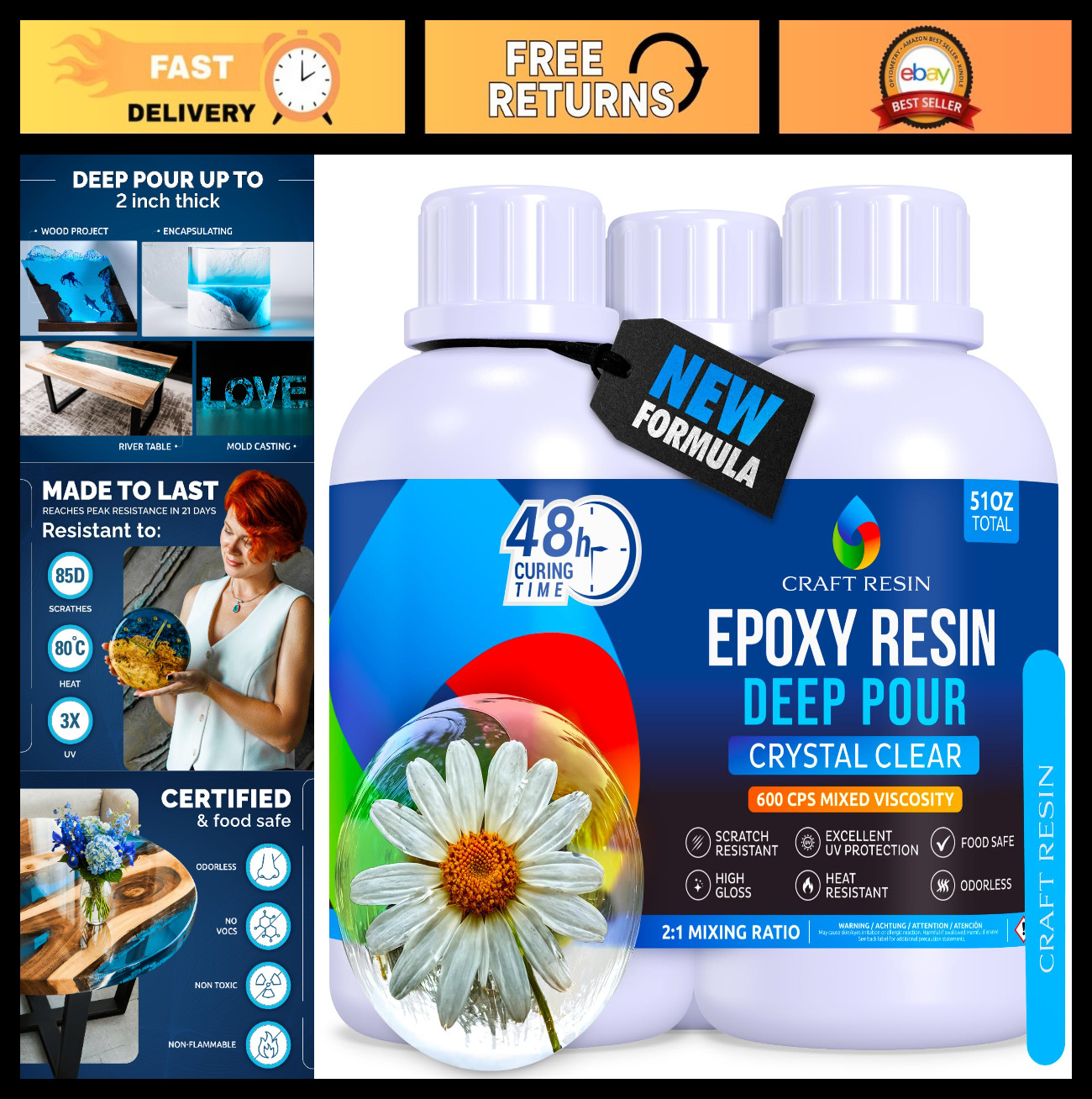 Deep Pour Epoxy Resin Kit 51 Oz – 2” Pours, Casting for River Tables, DIY Crafts