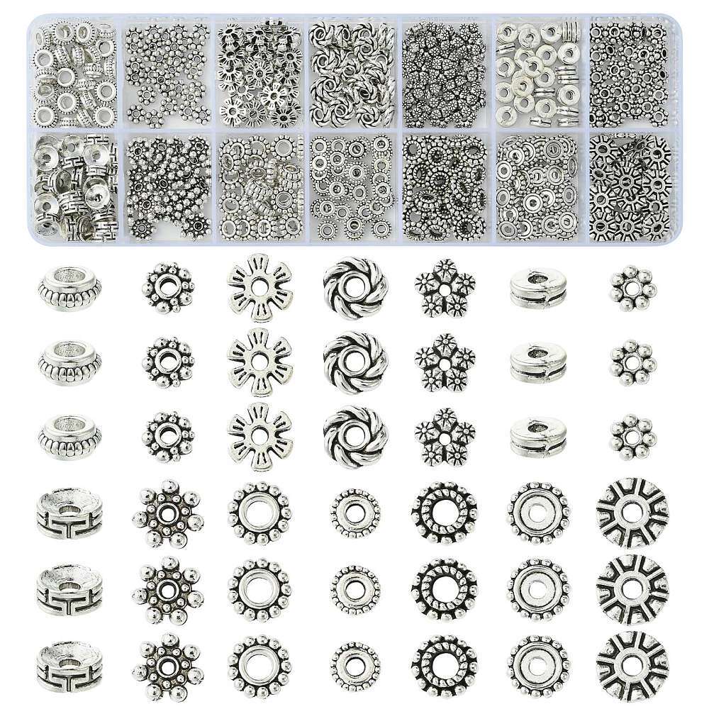 420pcs Antique Silver Spacer Beads,Tibetan Round Flower Beads for Jewelry Making